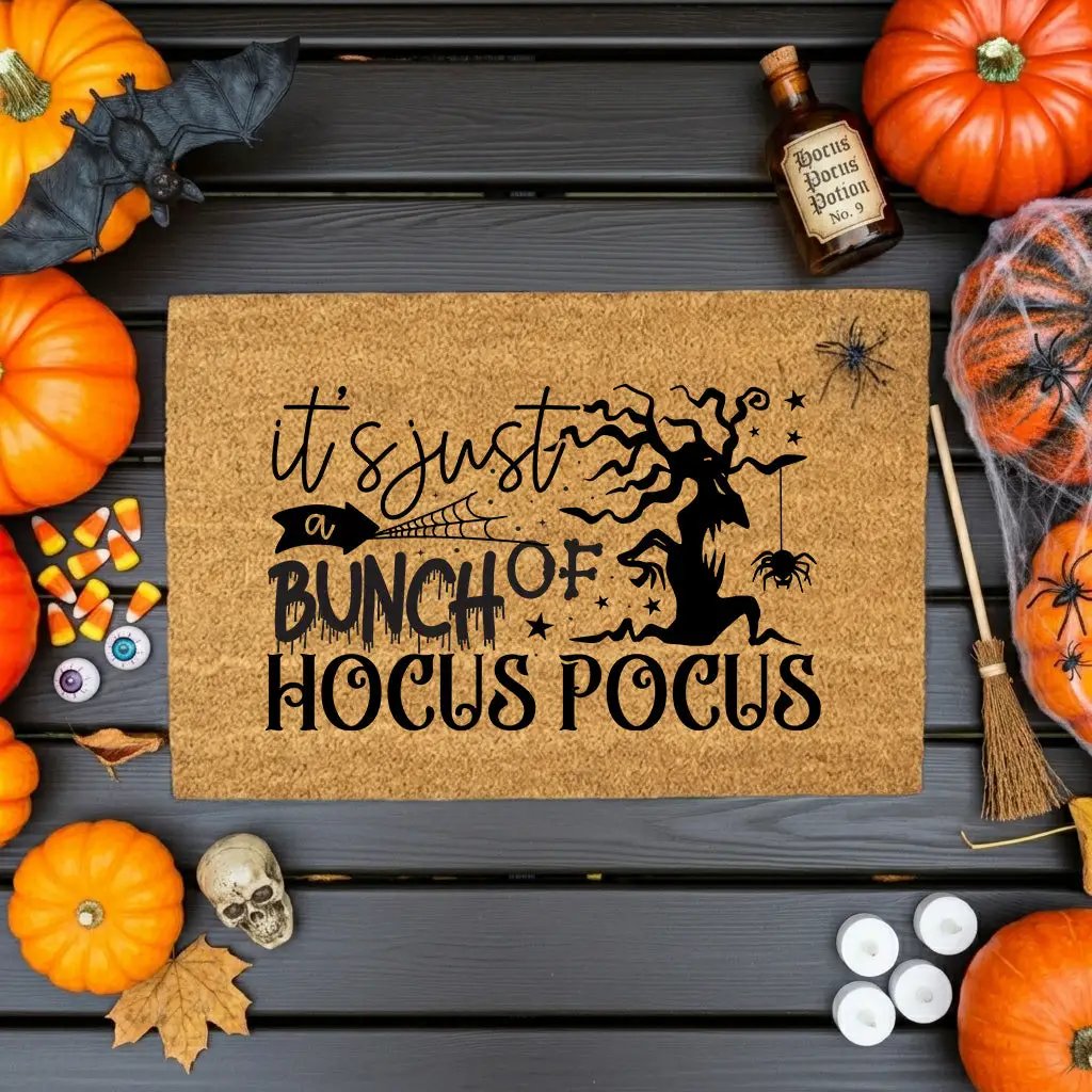 t’s Just a Bunch of Hocus Pocus Coir Doormat – Witchy Halloween Front Porch Decor | Funny Spooky Welcome Mat | Rustic Autumn Entry Rug