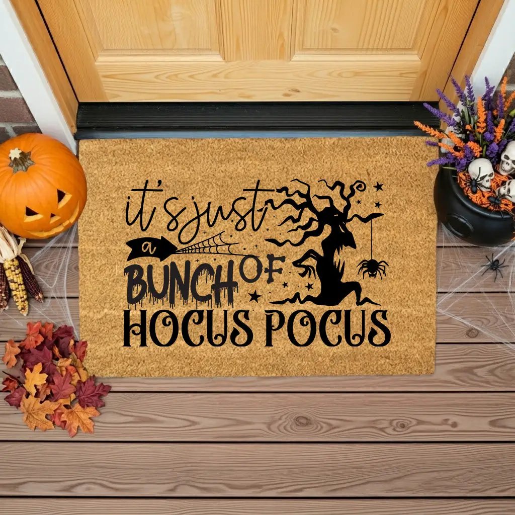 t’s Just a Bunch of Hocus Pocus Coir Doormat – Witchy Halloween Front Porch Decor | Funny Spooky Welcome Mat | Rustic Autumn Entry Rug