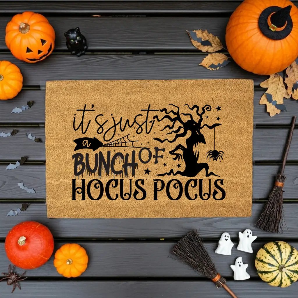 t’s Just a Bunch of Hocus Pocus Coir Doormat – Witchy Halloween Front Porch Decor | Funny Spooky Welcome Mat | Rustic Autumn Entry Rug