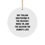 Italian Greyhound Dog Lover Circle Ornament, 'My Italian Greyhound Is The Reason I Wake Up...and The Reason I'm Always Late', Christmas Gifts