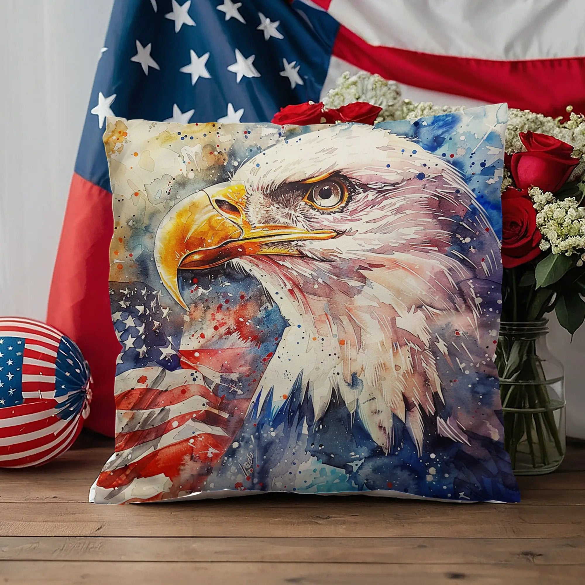 Patriotic Eagle with American Flag Pillow Cover
