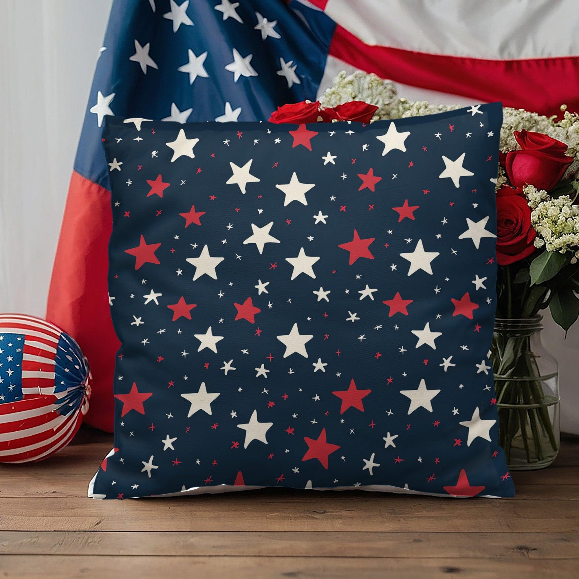 Red and White Stars on Navy Blue Patriotic Indoor-Outdoor Pillow - Mallard Moon Gift Shop