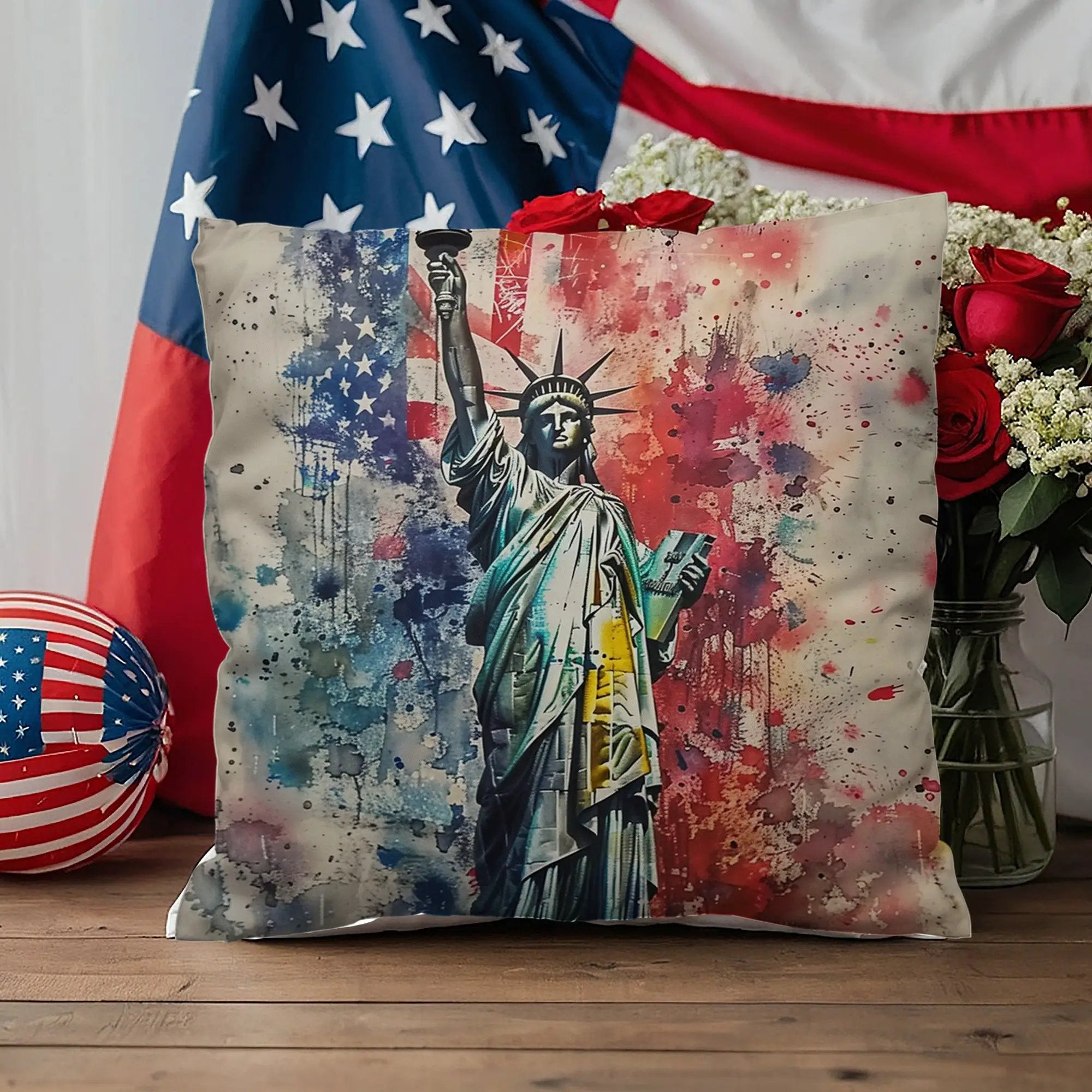 Statue of Liberty American Flag Pillow – Patriotic Indoor Outdoor Throw Pillow – USA Freedom Decor – Red White Blue Cushion – Americana Home Accent