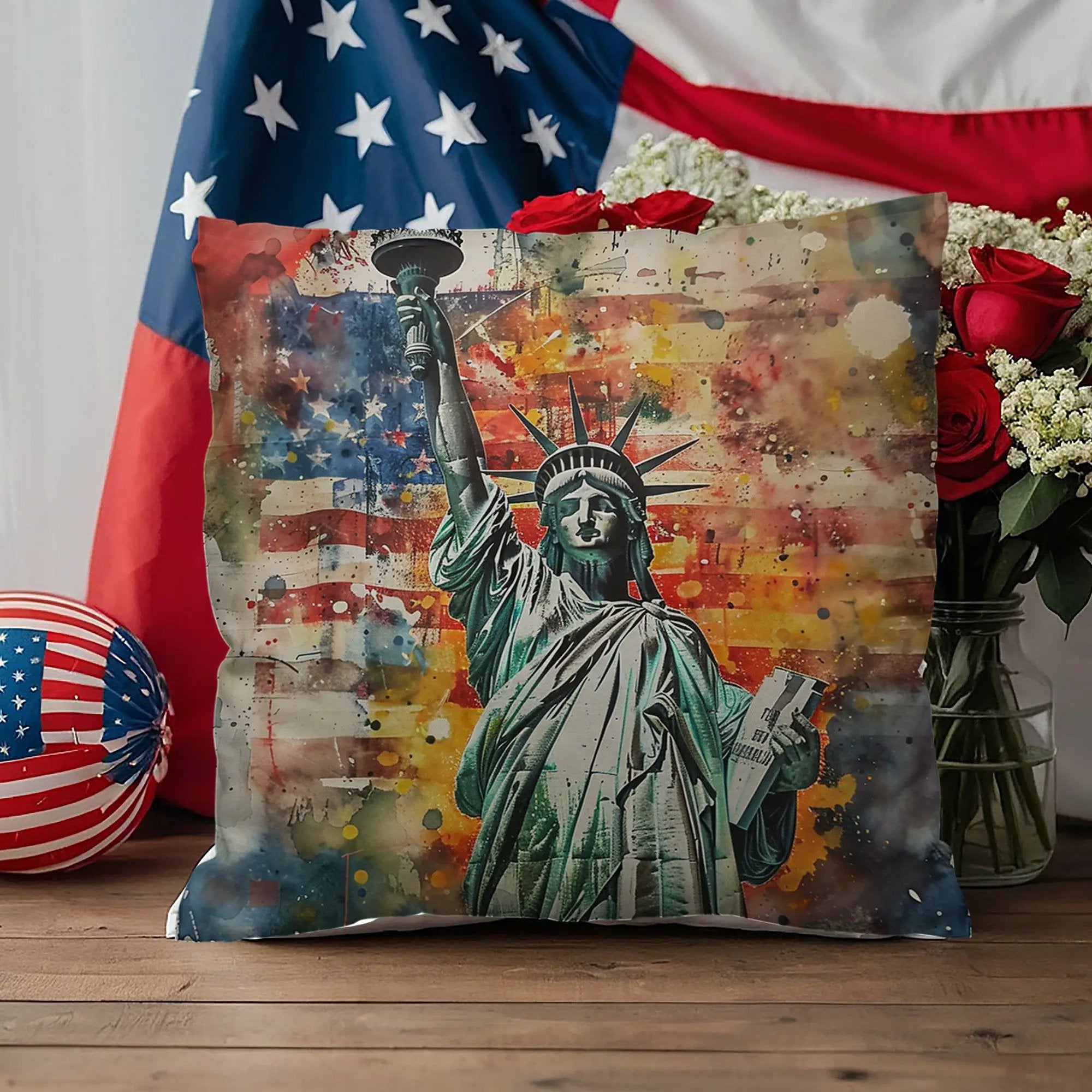 Statue of Liberty Patriotic Pillow – USA Flag Throw Pillow – Americana Art Cushion – Red White Blue Home Decor – Indoor Outdoor Porch Pillow