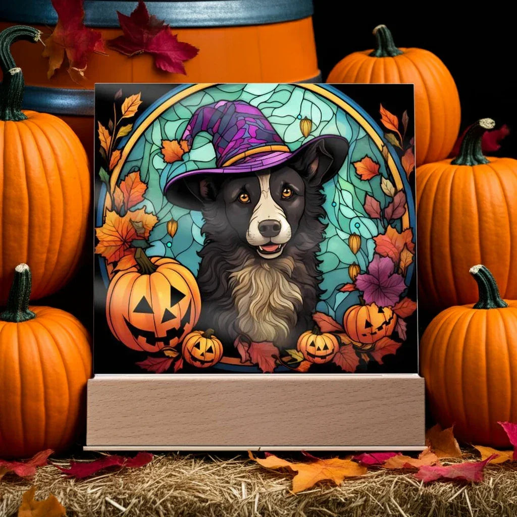 Dog Halloween Portrait Stained Glass Acrylic Plaque with LED Lighted Wooden Base