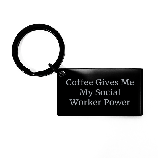 Social Worker Keychain Gifts from Friends for Graduation with Coffee Quote, 'Coffee Gives Me My Social Worker Power', Black Stainless Steel Keychain - Image 1
