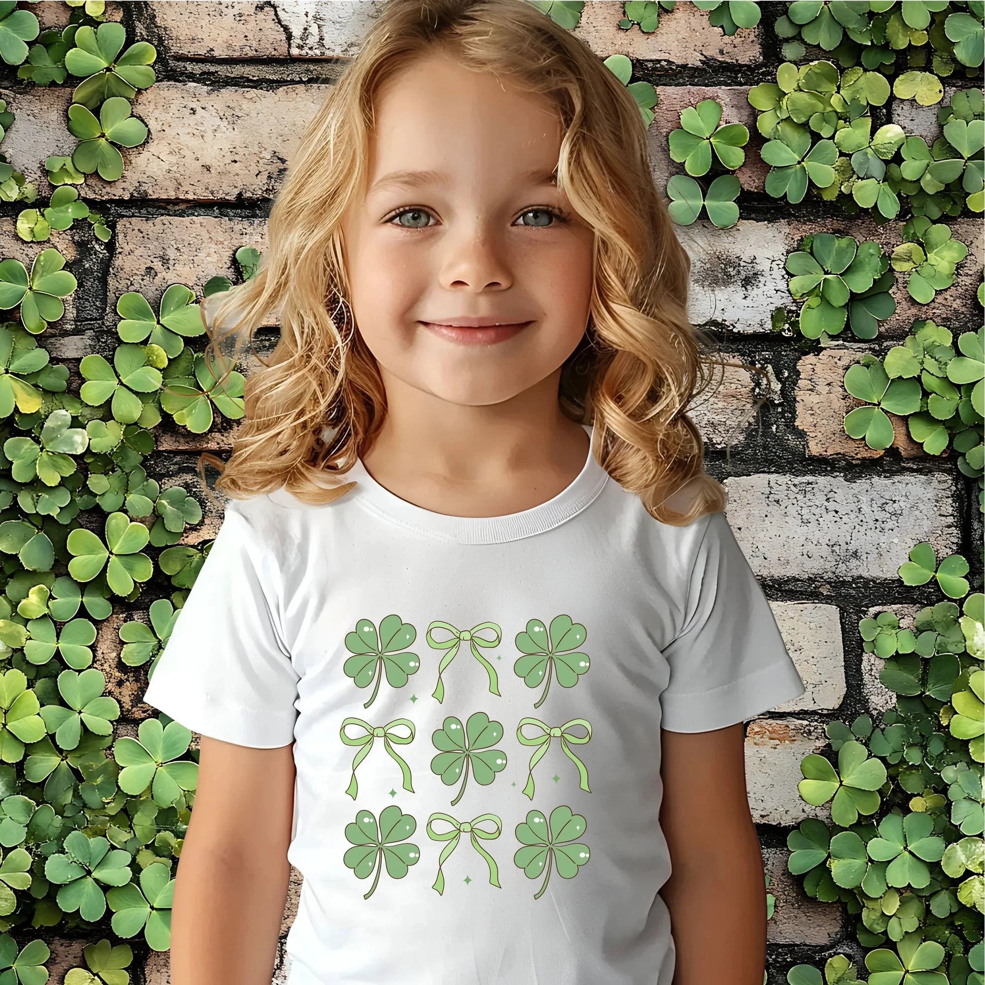 Youth St. Patrick's Day T-Shirt – Lucky Clover & Bow Design – Soft Cotton Crew Neck Tee – Irish Holiday Shirt for Girls
