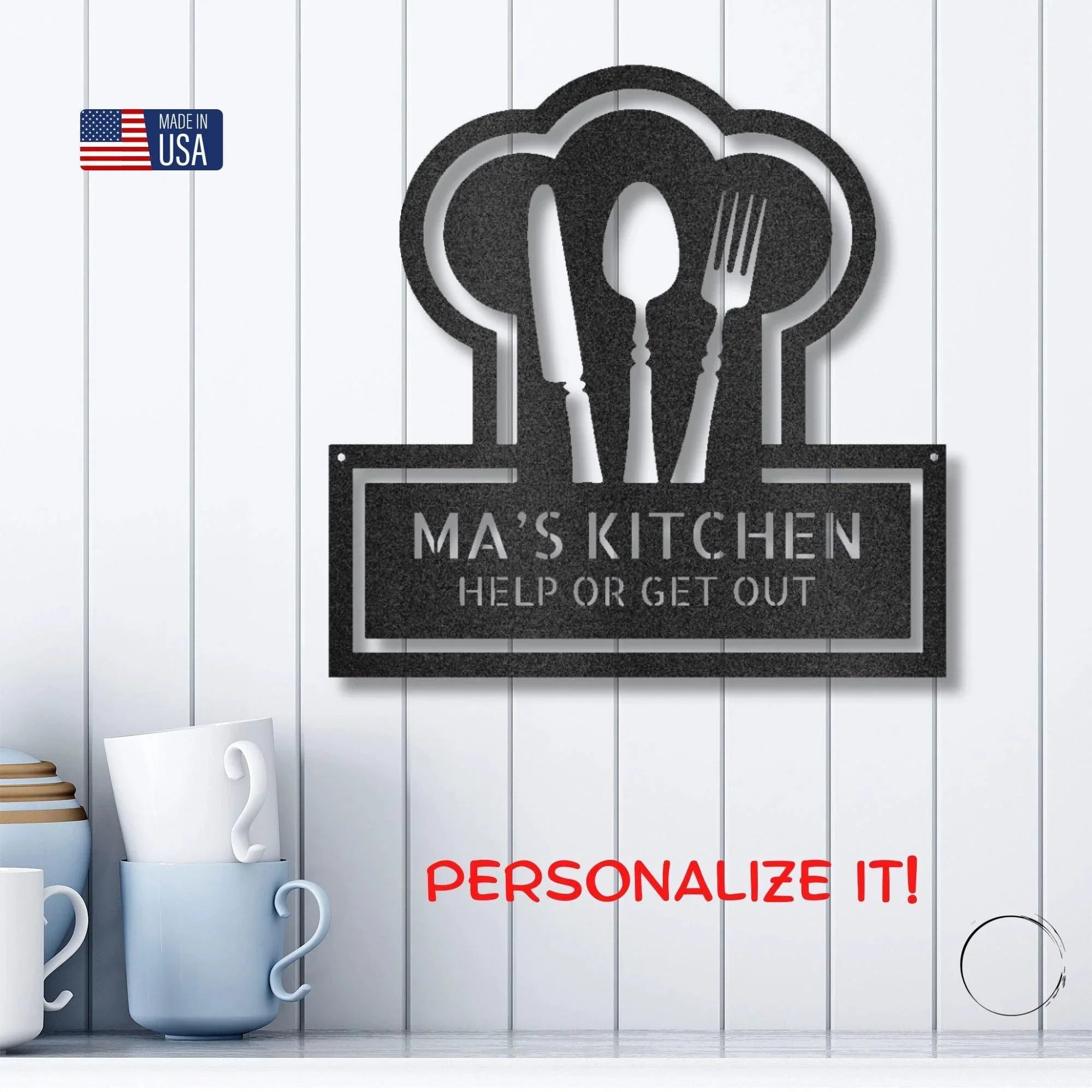 Personalized Kitchen Art - Laser-Cut Metal Wall Sign with Chef Hat Design