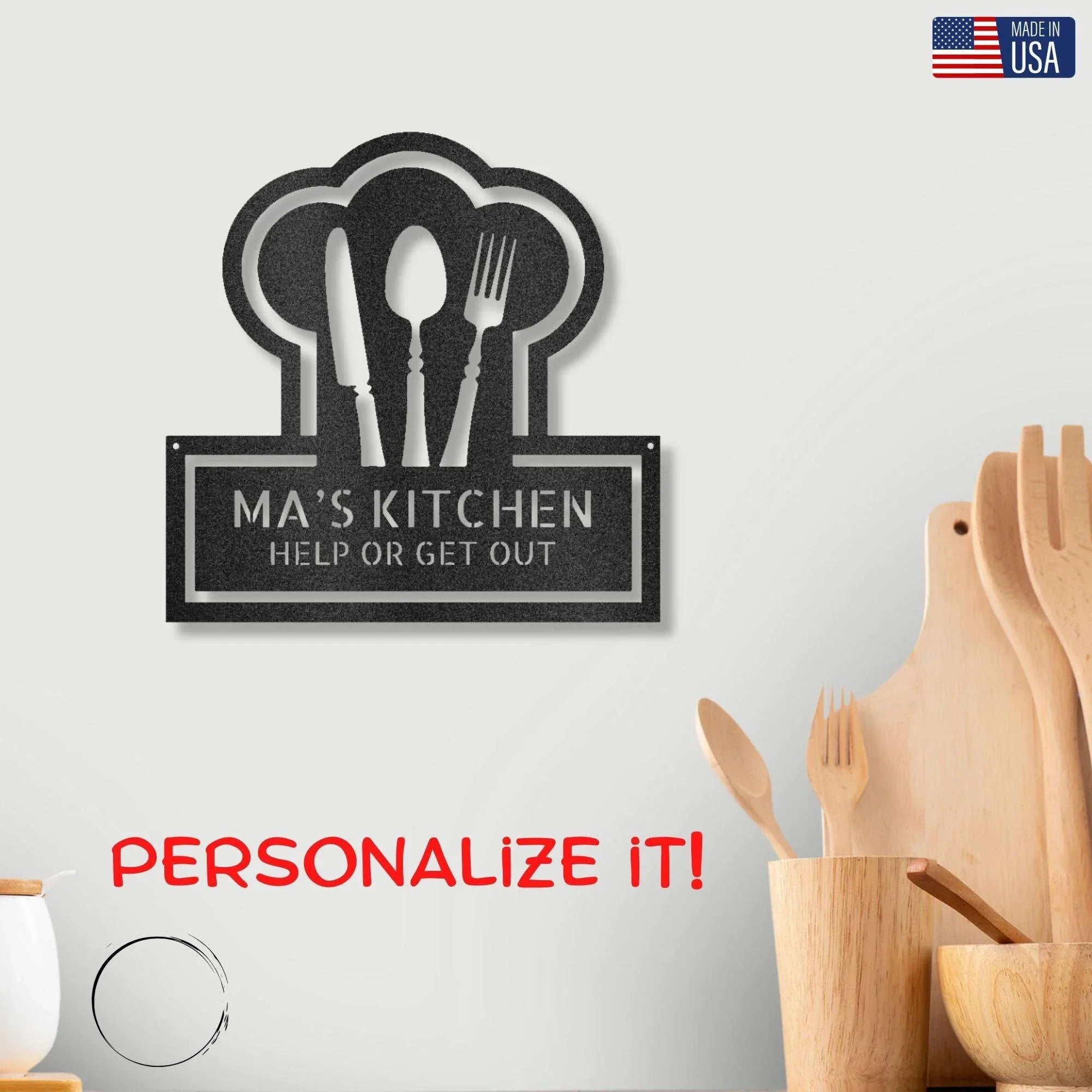 Personalized Kitchen Art - Laser-Cut Metal Wall Sign with Chef Hat Design