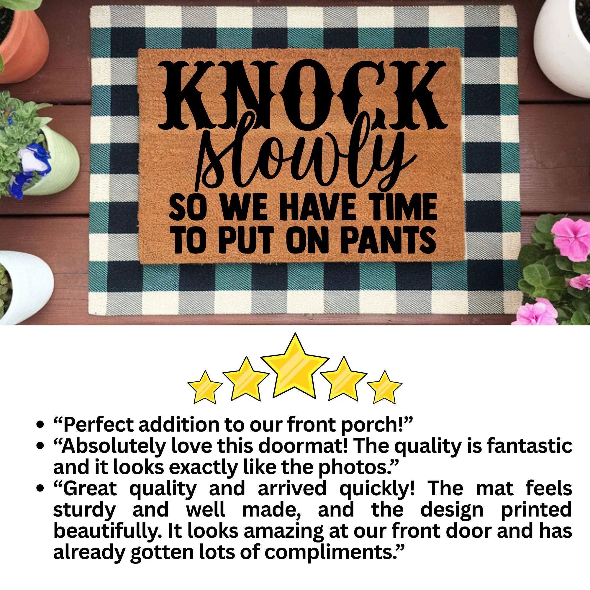 Funny Doormat – “Knock Slowly So We Have Time to Put On Pants” | Humor Coir Welcome Mat | Hilarious Gift for Couples, Roommates & Families
