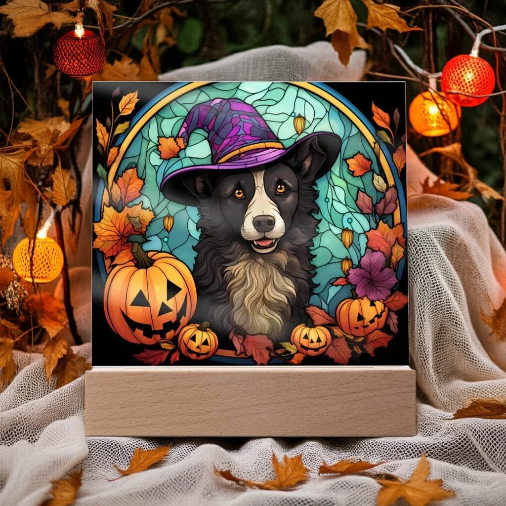 Dog Halloween Portrait Stained Glass Acrylic Plaque with LED Lighted Wooden Base