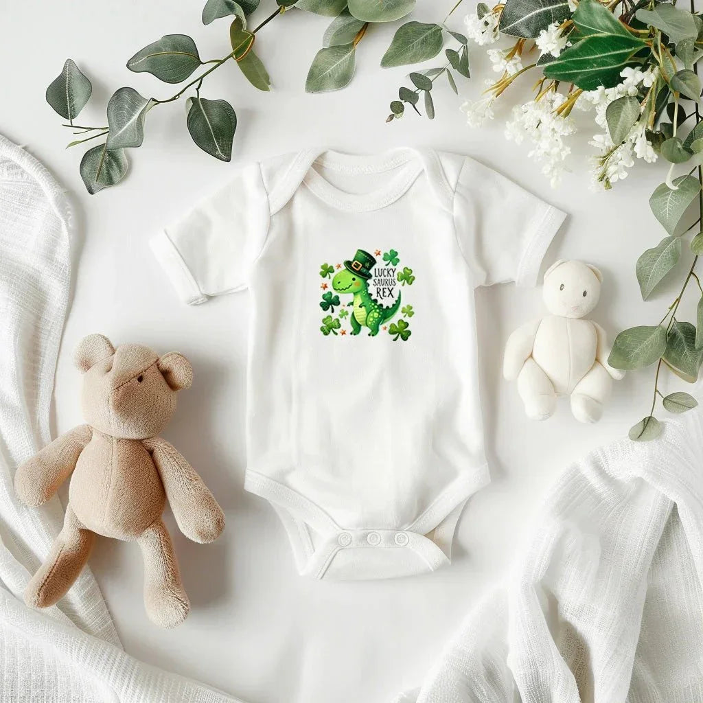 Lucky Saurus Rex St. Patrick’s Day Baby Bodysuit – Cute Dinosaur & Shamrock Onesie – Soft Cotton Infant Romper – Funny Irish Holiday Outfit & Baby Gift