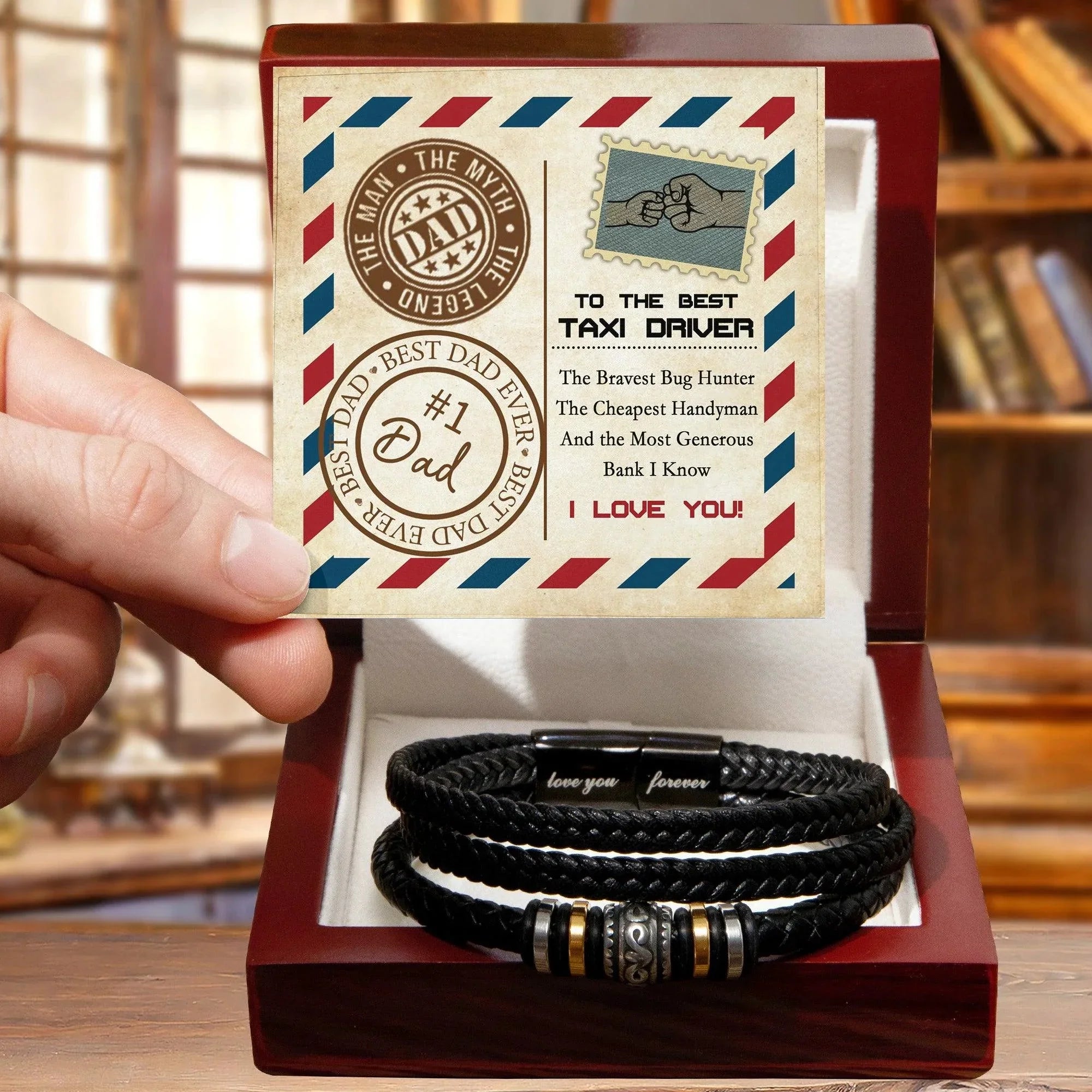 To the Best Taxi Driver – Funny Father’s Day Leather Bracelet Gift for Dad – From the Bravest Bug Hunter to the Most Generous Bank I Know – Black Braided Engraved Dad Bracelet with Gift Box