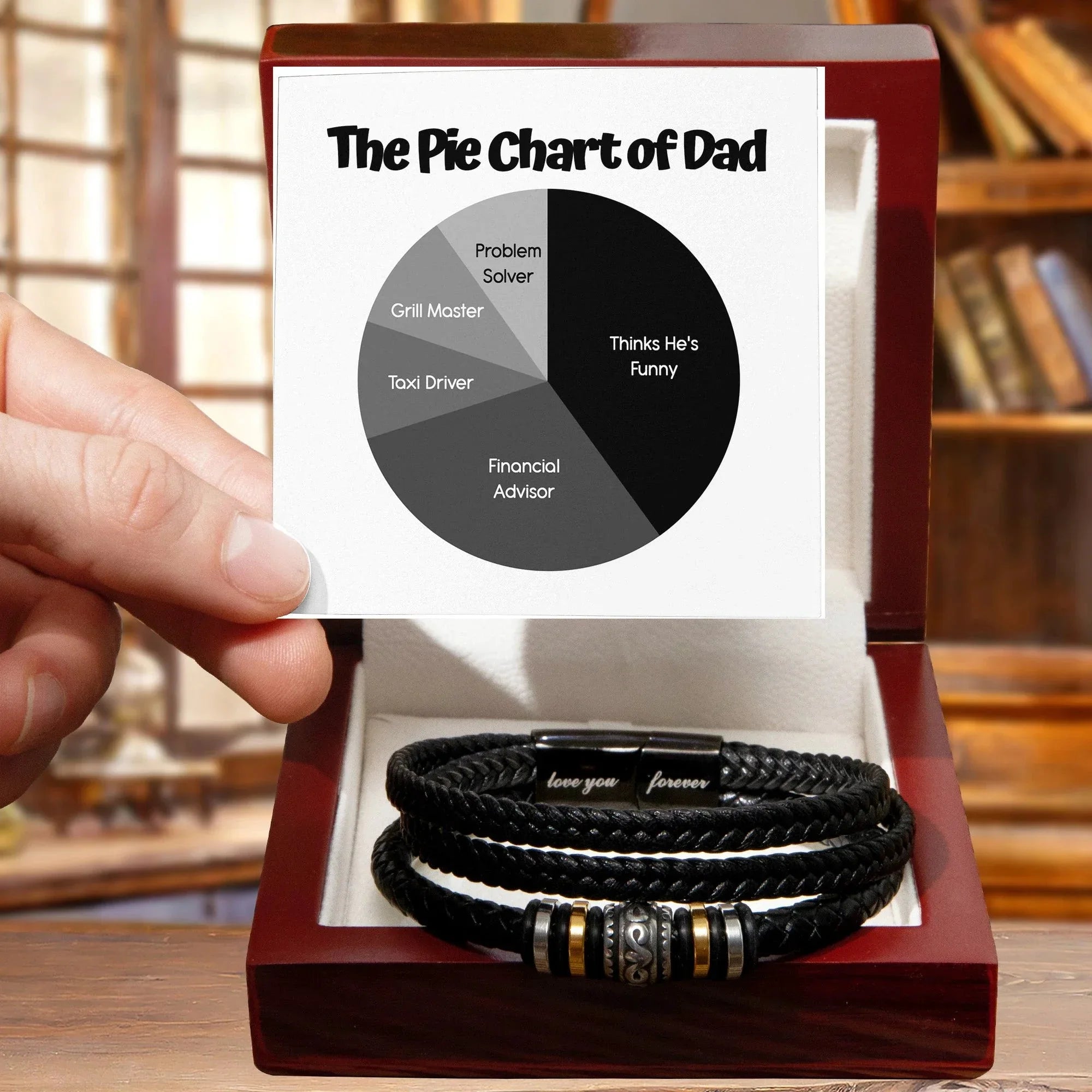 Funny Dad Pie Chart Bracelet Gift - "Thinks He's Funny" Leather Bracelet with Luxe Box - Father's Day or Birthday Gift from Kids