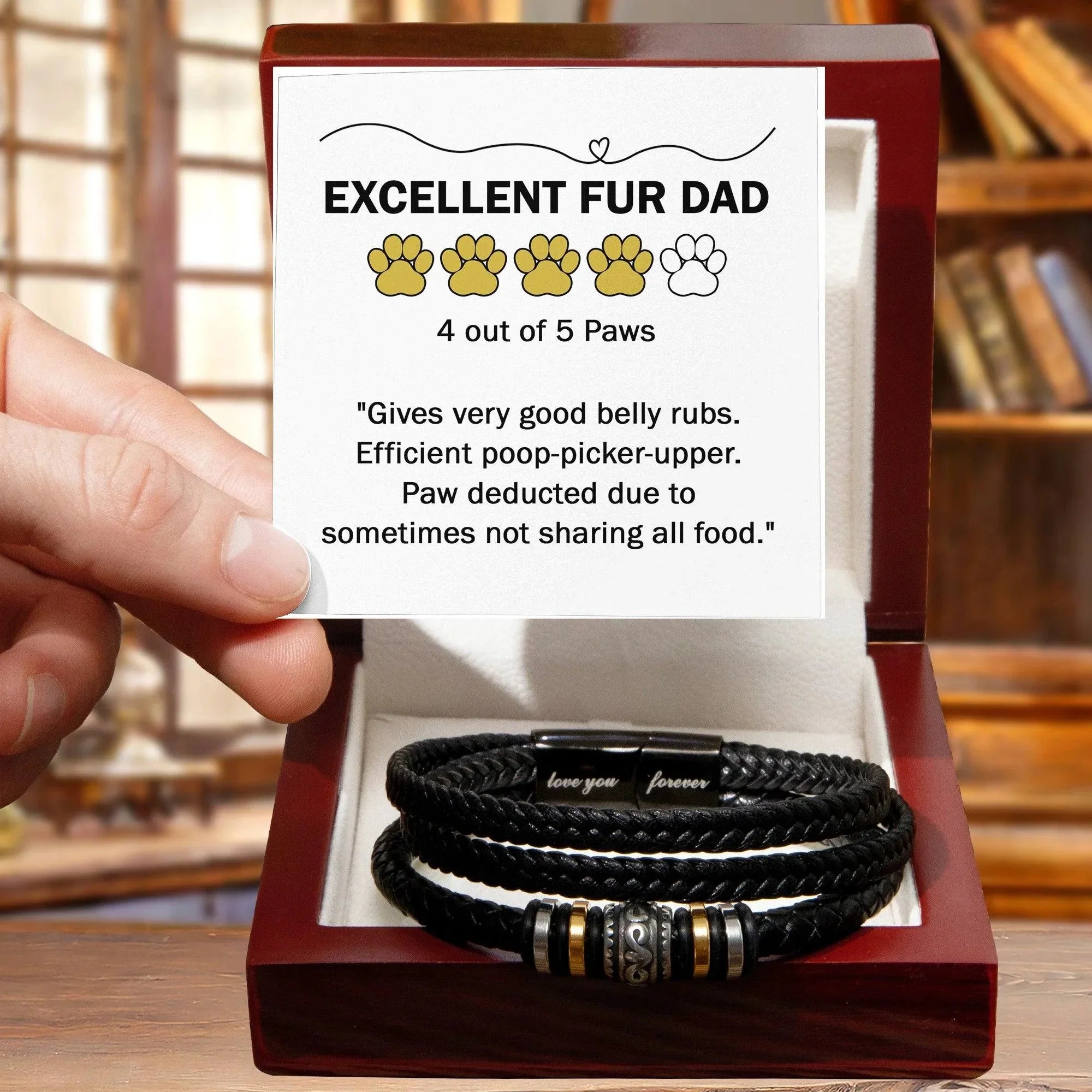 Gift for Fur Dad Belly Rubber Black Braided Leather Men's Bracelet