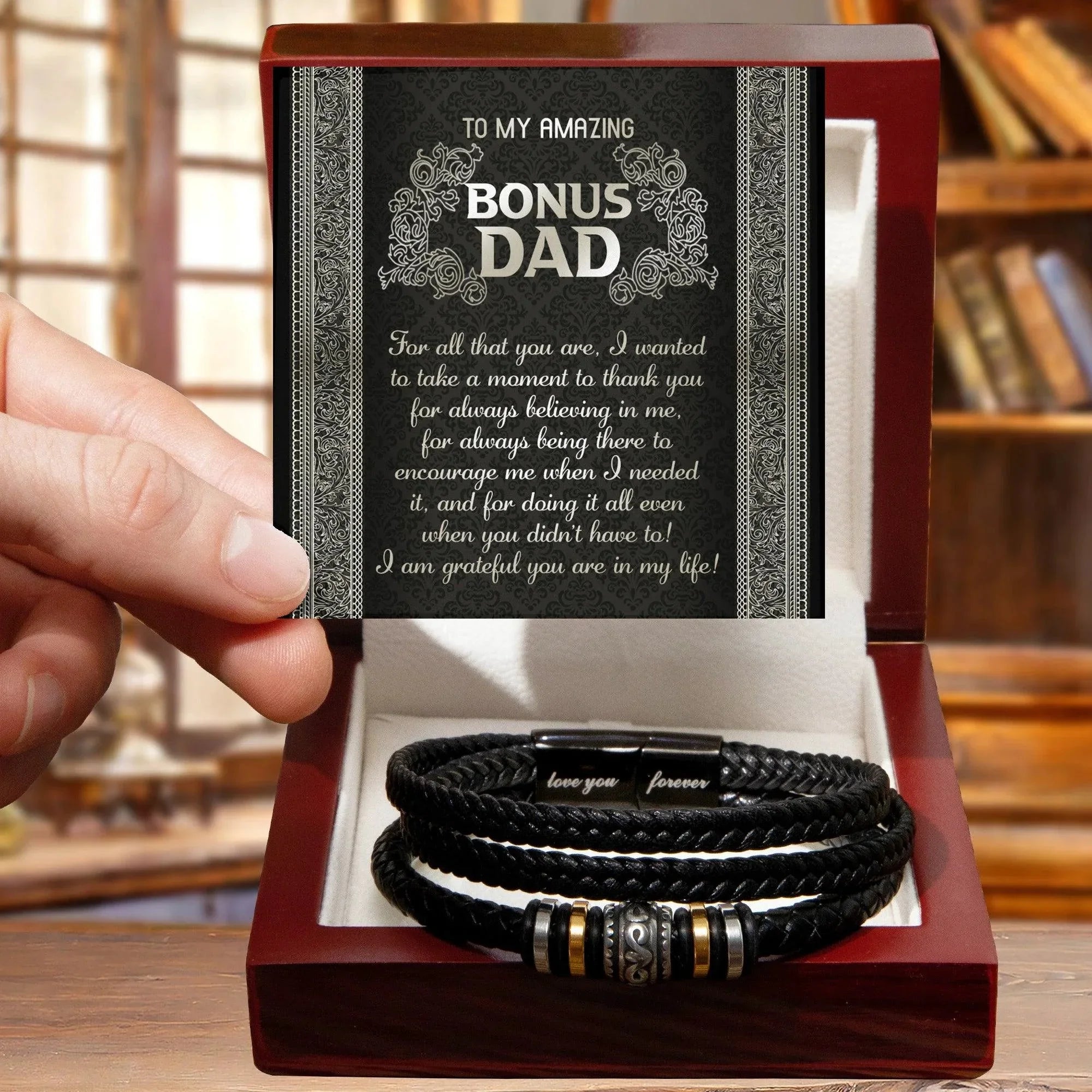 Gift for Bonus Dad I am Grateful You are in My Life Men's Braided Leather Bracelet