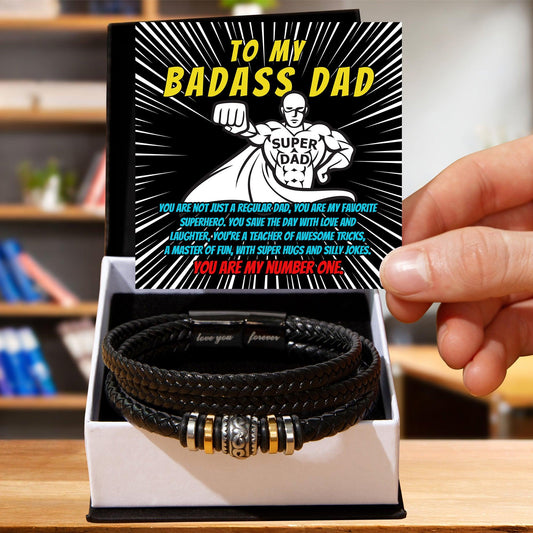 To My Badass Dad - You Are My Favorite Superhero - Men's Braided Leather Bracelet with Gift Box - Mallard Moon Gift Shop