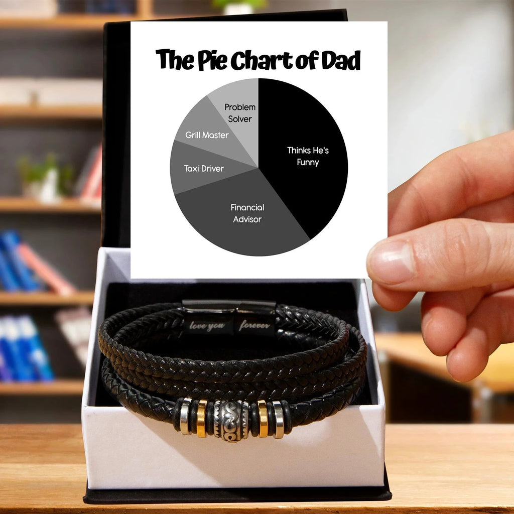 Funny Dad Pie Chart Bracelet Gift - "Thinks He's Funny" Leather Bracelet with Luxe Box - Father's Day or Birthday Gift from Kids