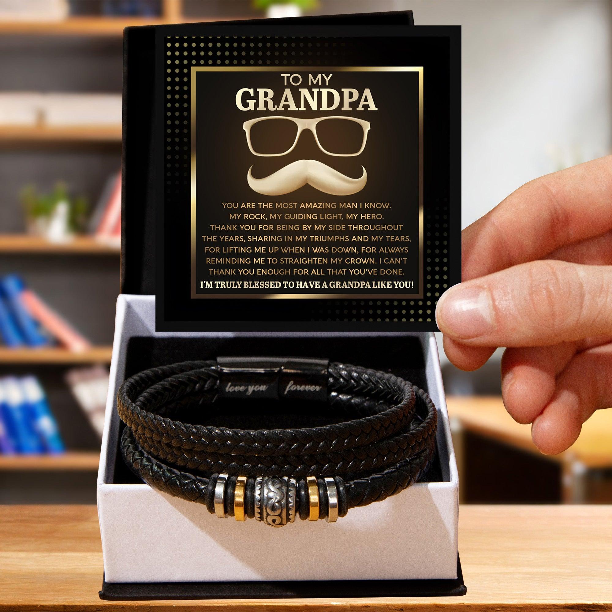 To My Grandpa - My Rock My Guiding Light My Hero Men's Leather Bracelet - Mallard Moon Gift Shop