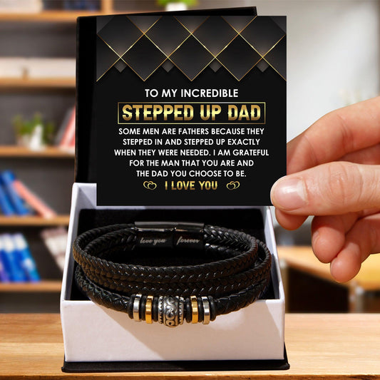 To My Incredible Stepped Up Dad - The Dad You Choose to Be Men's Leather Bracelet with Gift Box - Mallard Moon Gift Shop
