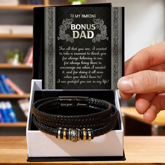 Gift for Bonus Dad I am Grateful You are in My Life Men's Braided Leather Bracelet - Mallard Moon Gift Shop