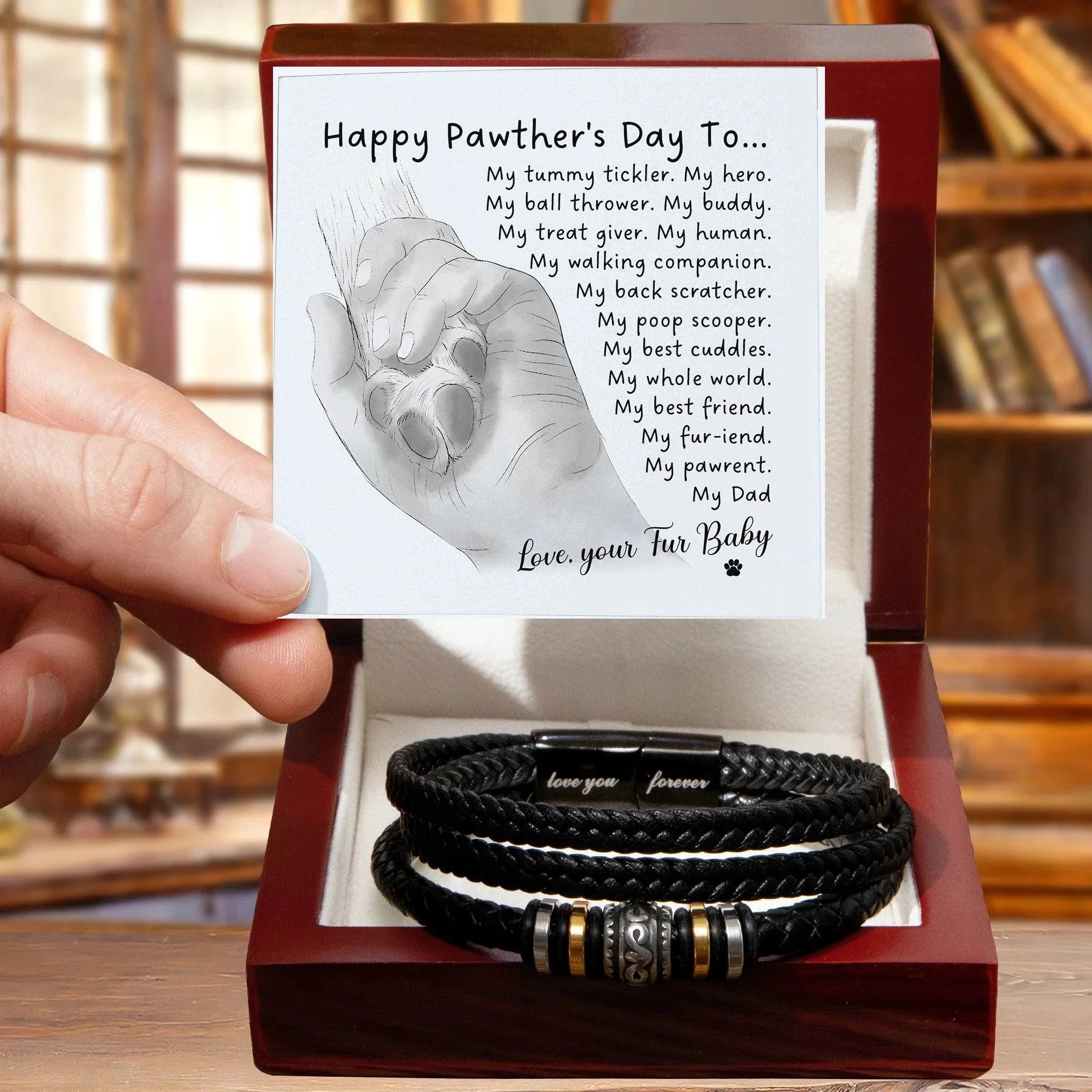 Gift for Fur Dad Happy Pawther's Day Personalized Black Braided Leather Men's Bracelet
