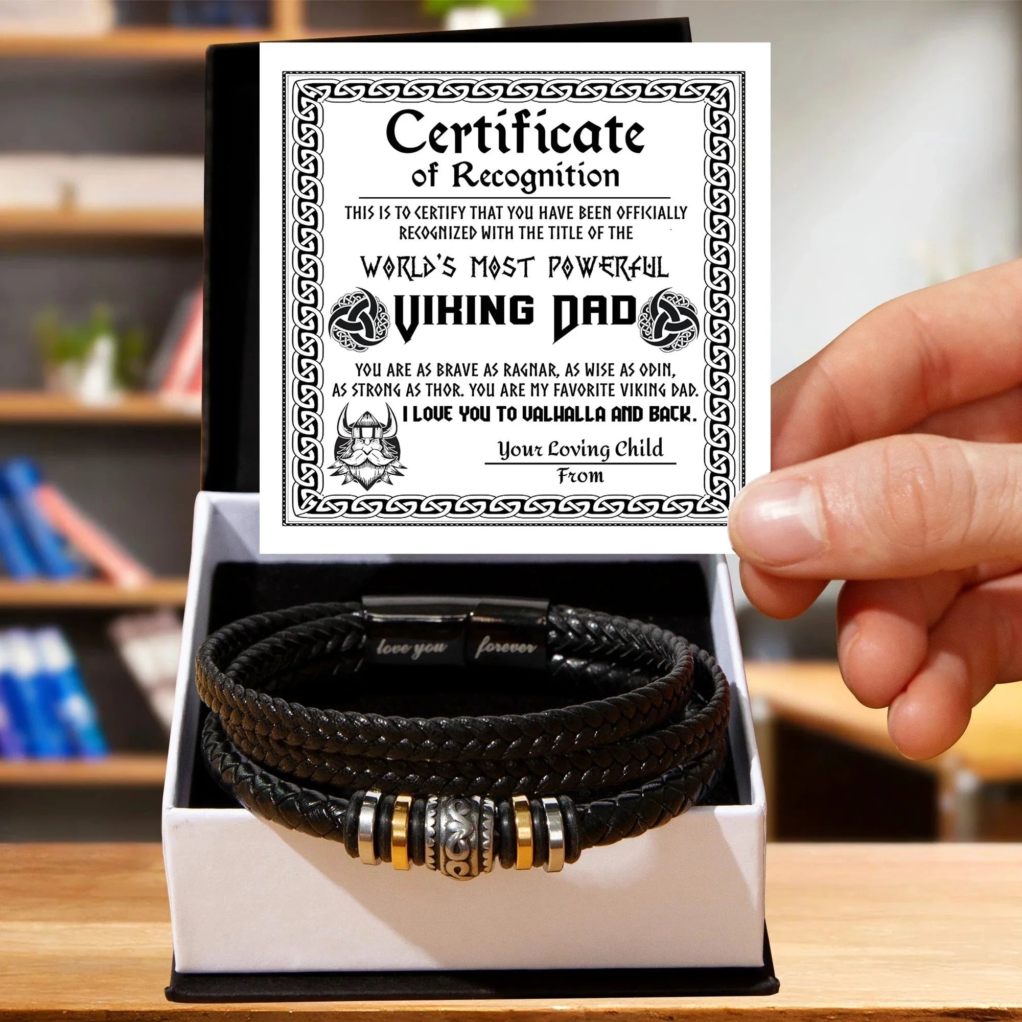 World’s Most Powerful Viking Dad Bracelet – Personalized Certificate Gift from Your Loving Child – Brave, Wise, Strong Norse Mythology Father’s Day Gift Idea – Black Braided Leather Bracelet for Dad
