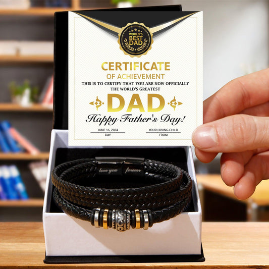 Dad Gift Certificate of Achievement Leather Bracelet - Mallard Moon Gift Shop