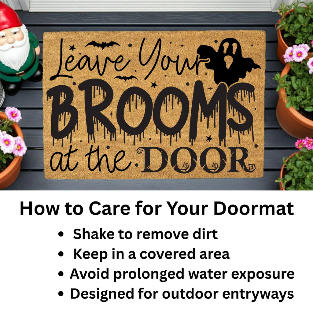 Leave Your Brooms at the Door Coir Doormat – Funny Witch Halloween Welcome Mat | Spooky Fall Front Porch Decor | Rustic Outdoor Entry Rug