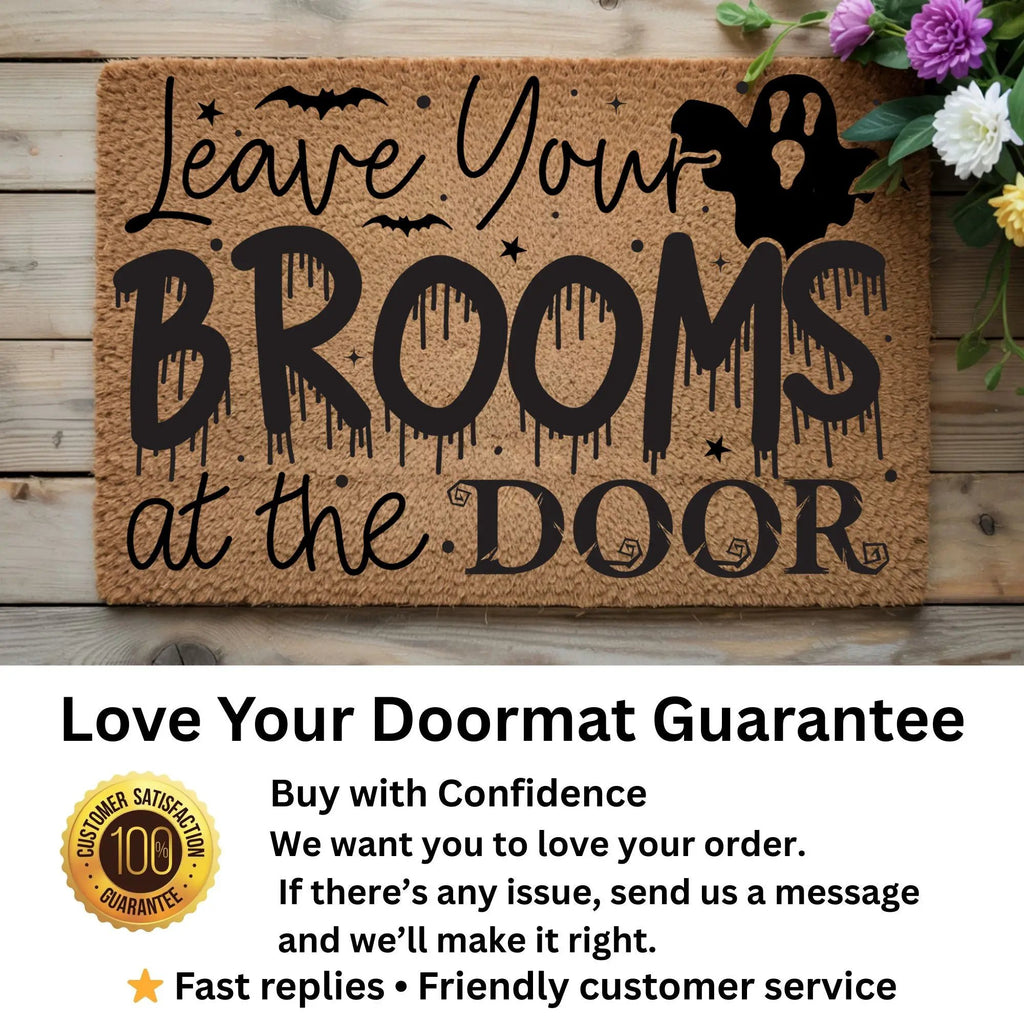 Leave Your Brooms at the Door Coir Doormat – Funny Witch Halloween Welcome Mat | Spooky Fall Front Porch Decor | Rustic Outdoor Entry Rug