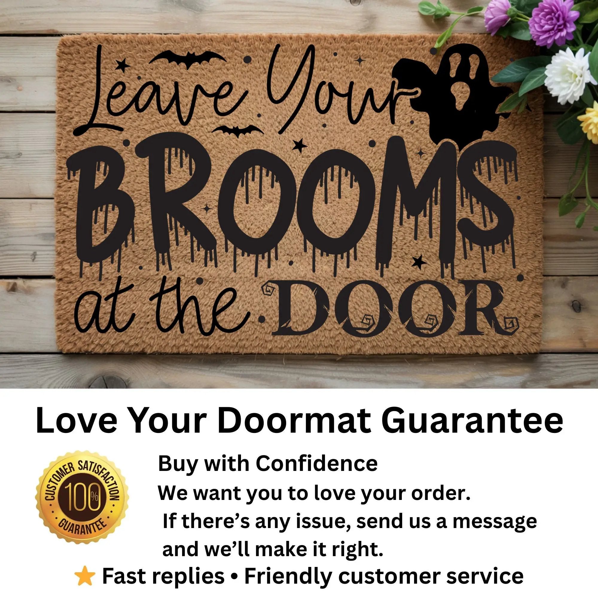 Leave Your Brooms at the Door Coir Doormat – Funny Witch Halloween Welcome Mat | Spooky Fall Front Porch Decor | Rustic Outdoor Entry Rug