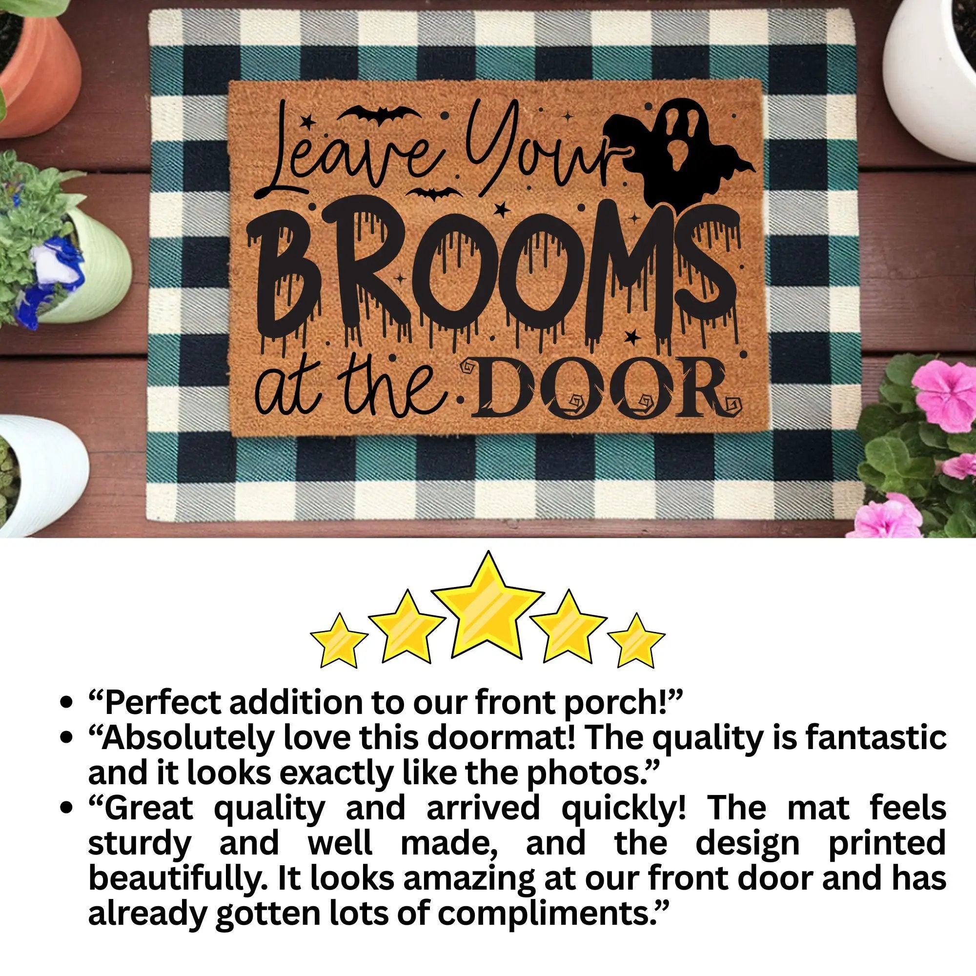 Leave Your Brooms at the Door Coir Doormat – Funny Witch Halloween Welcome Mat | Spooky Fall Front Porch Decor | Rustic Outdoor Entry Rug
