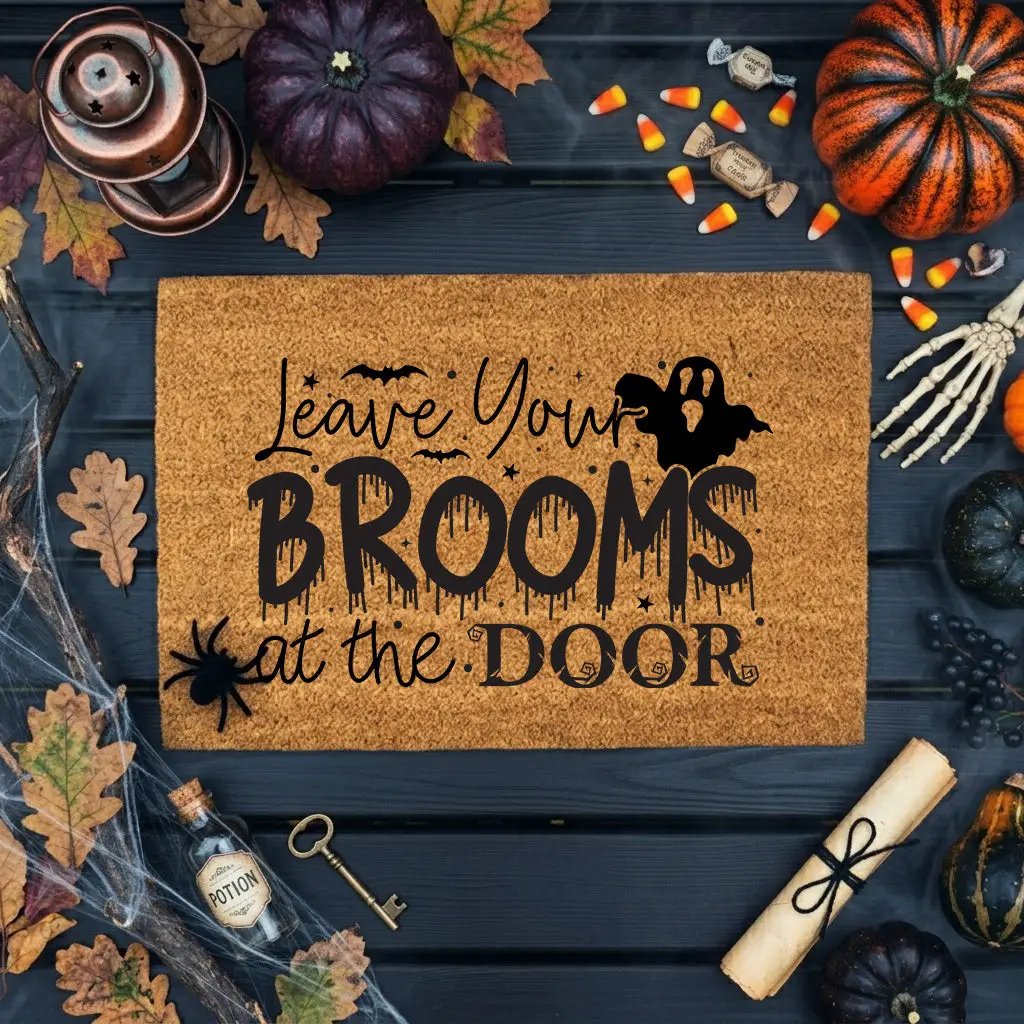Leave Your Brooms at the Door Coir Doormat – Funny Witch Halloween Welcome Mat | Spooky Fall Front Porch Decor | Rustic Outdoor Entry Rug