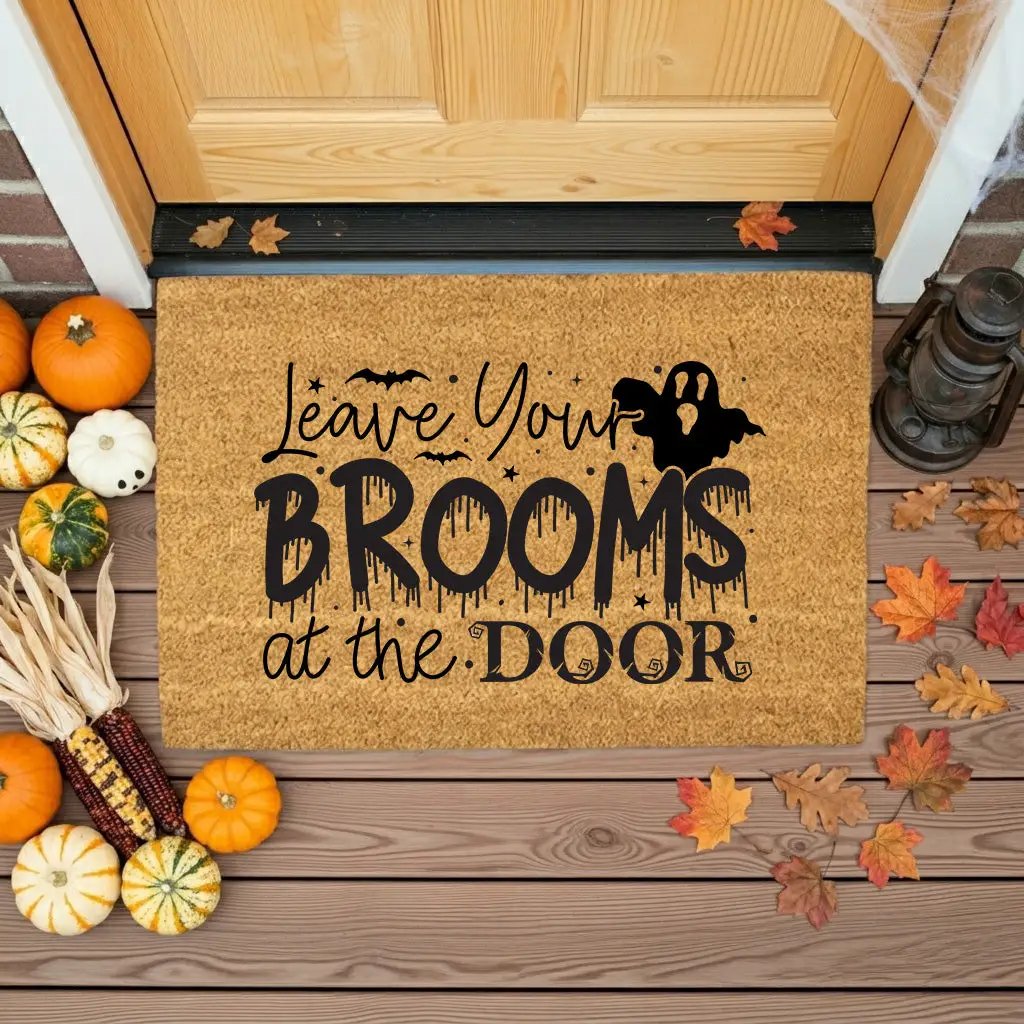 Leave Your Brooms at the Door Coir Doormat – Funny Witch Halloween Welcome Mat | Spooky Fall Front Porch Decor | Rustic Outdoor Entry Rug