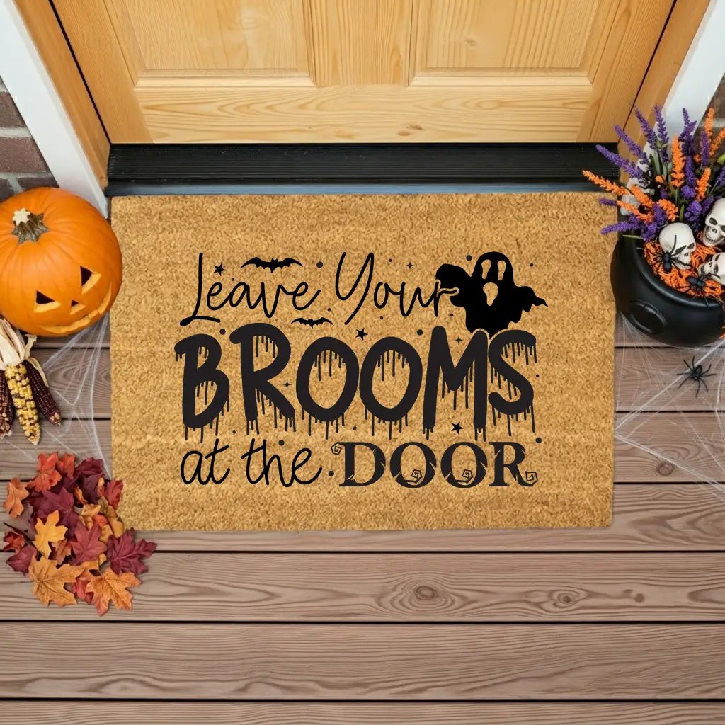 Leave Your Brooms at the Door Coir Doormat – Funny Witch Halloween Welcome Mat | Spooky Fall Front Porch Decor | Rustic Outdoor Entry Rug