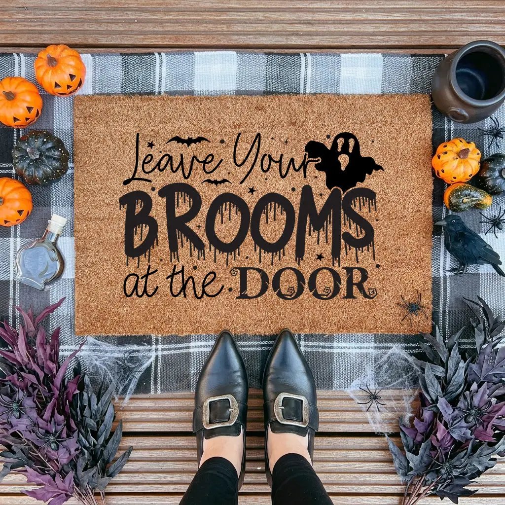 Leave Your Brooms at the Door Coir Doormat – Funny Witch Halloween Welcome Mat | Spooky Fall Front Porch Decor | Rustic Outdoor Entry Rug