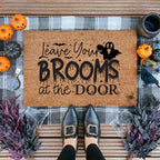 Leave Your Brooms at the Door Coir Doormat – Funny Witch Halloween Welcome Mat | Spooky Fall Front Porch Decor | Rustic Outdoor Entry Rug