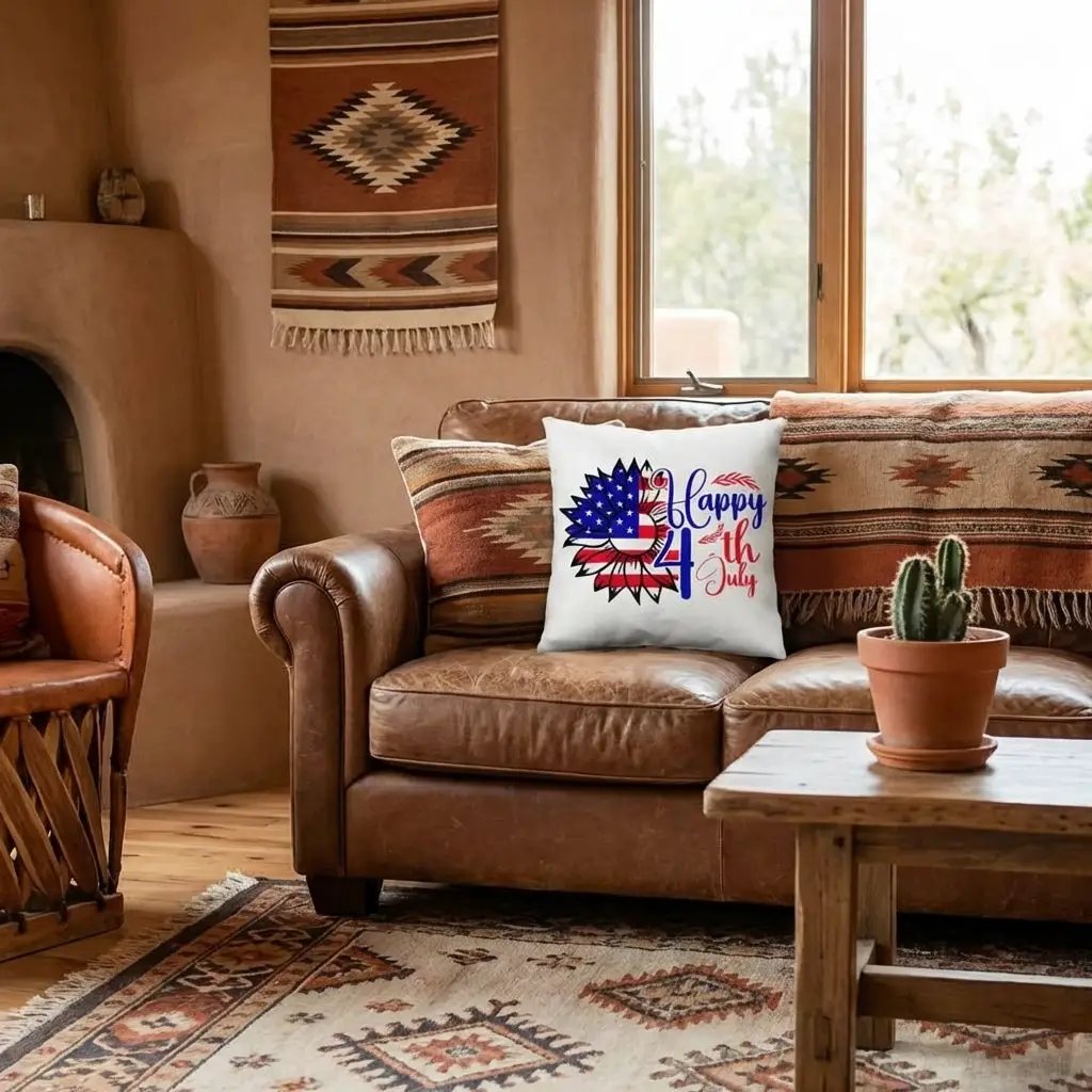 Happy 4th of July Sunflower Pillow – Patriotic Floral Throw Pillow – Red White Blue Farmhouse Decor – Americana Outdoor Cushion