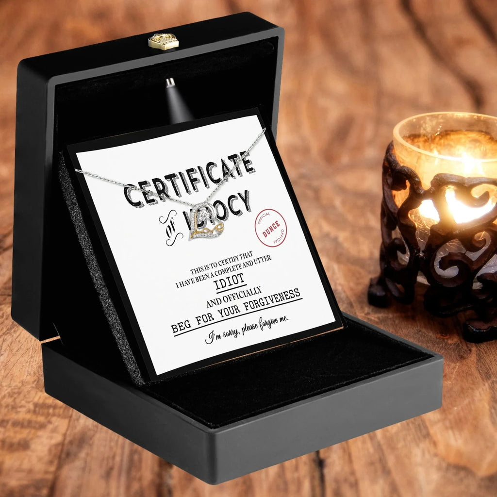 Apology Gift for Girlfriend, Wife, Soulmate - Sorry, Certificate Of Idiocy - Love Dancing Heart Pendant Necklace