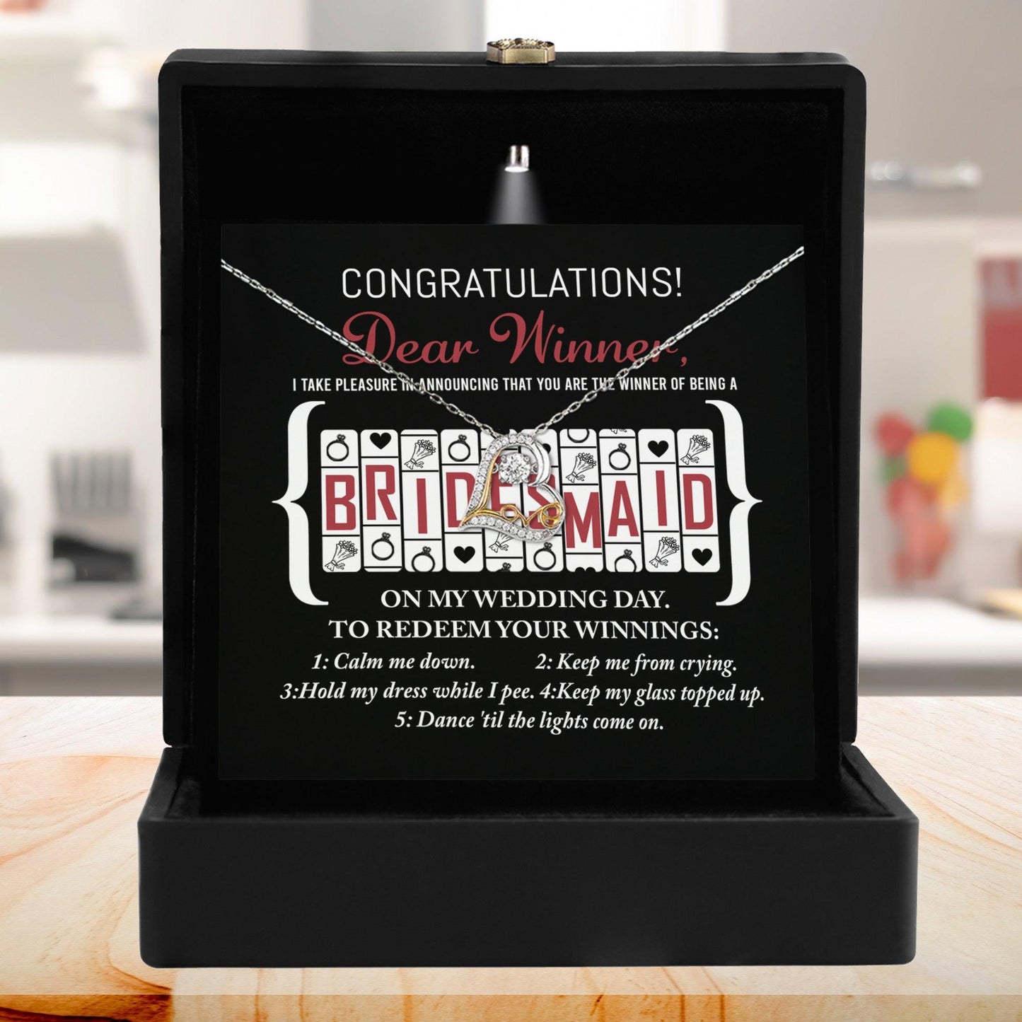 Bridesmaid Wedding Proposal Gift - The Winner Of Being My Bridesmaid - Love Dancing Heart Pendant Necklace - Mallard Moon Gift Shop