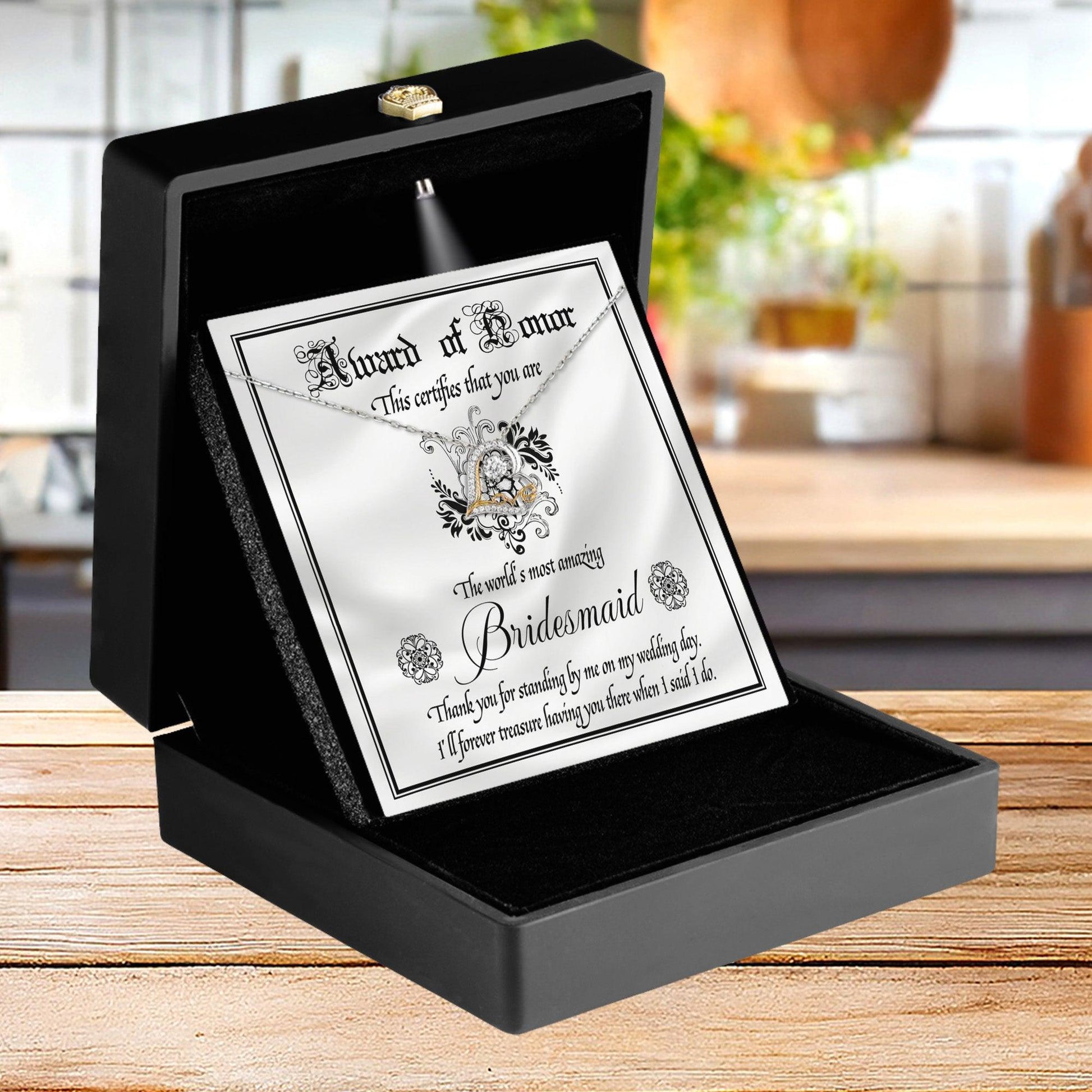 Bridesmaid Wedding Day Gift - Award Of Honor Thank You Card with Love Dancing Heart Pendant Necklace - Mallard Moon Gift Shop