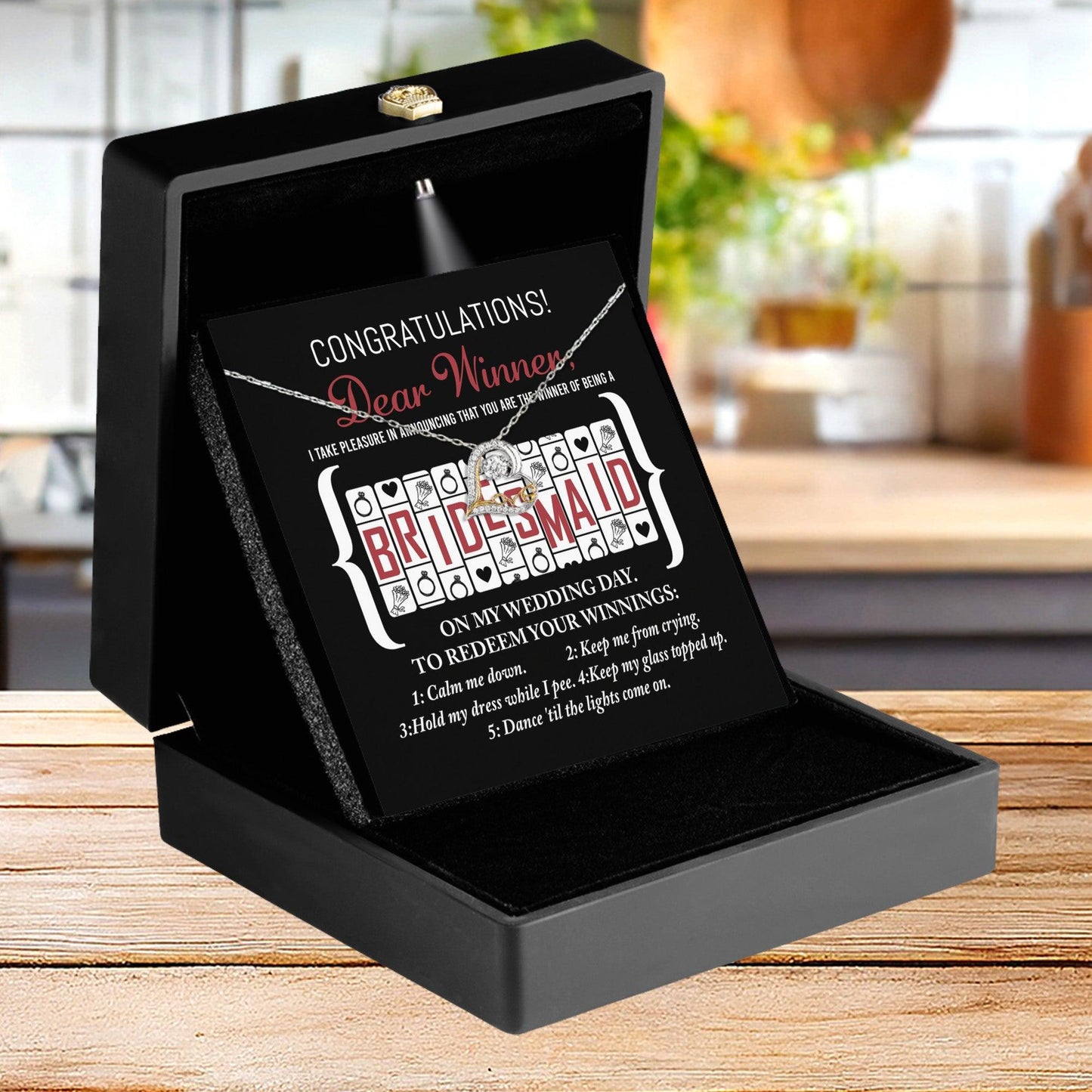 Bridesmaid Wedding Proposal Gift - The Winner Of Being My Bridesmaid - Love Dancing Heart Pendant Necklace - Mallard Moon Gift Shop