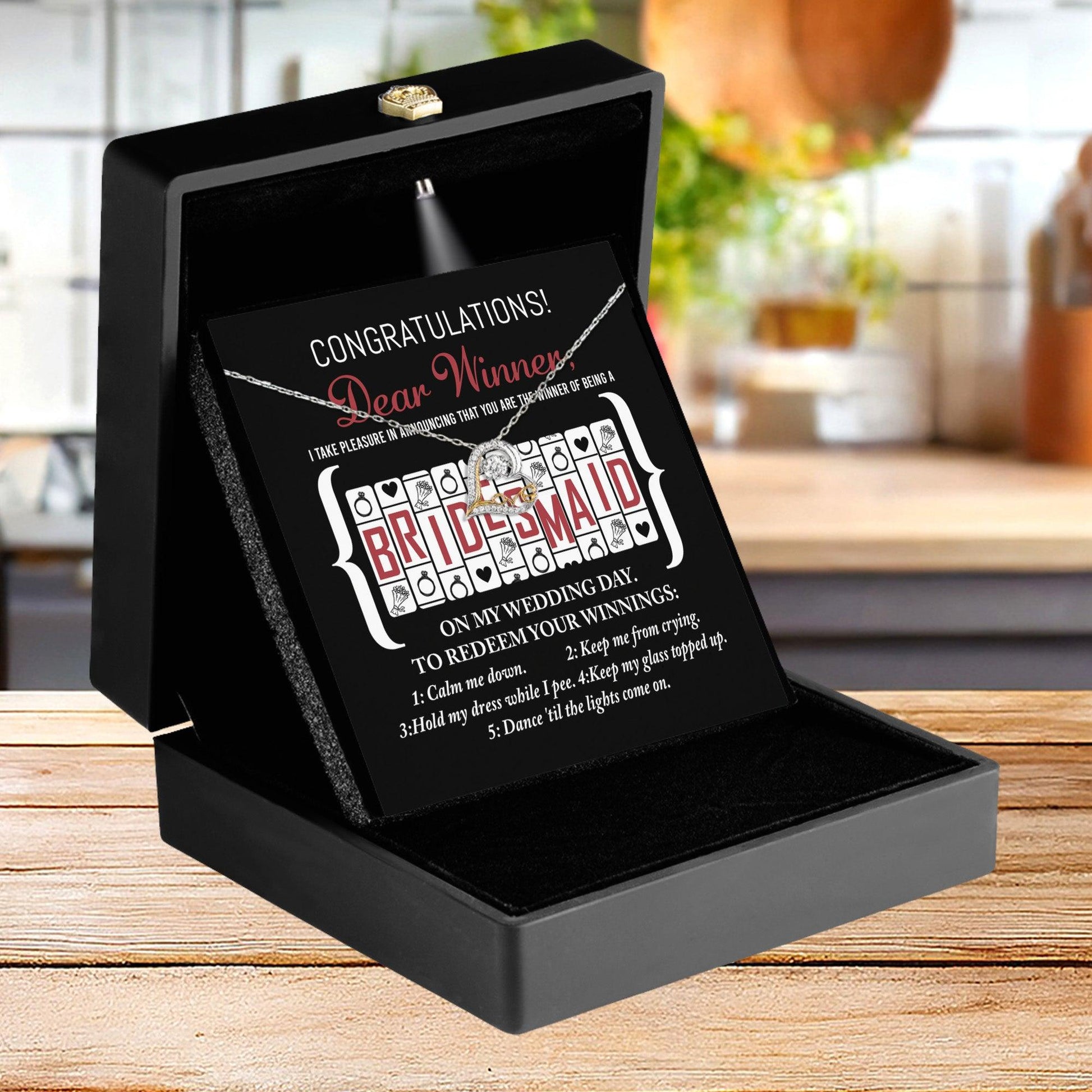 Bridesmaid Wedding Proposal Gift - The Winner Of Being My Bridesmaid - Love Dancing Heart Pendant Necklace - Mallard Moon Gift Shop