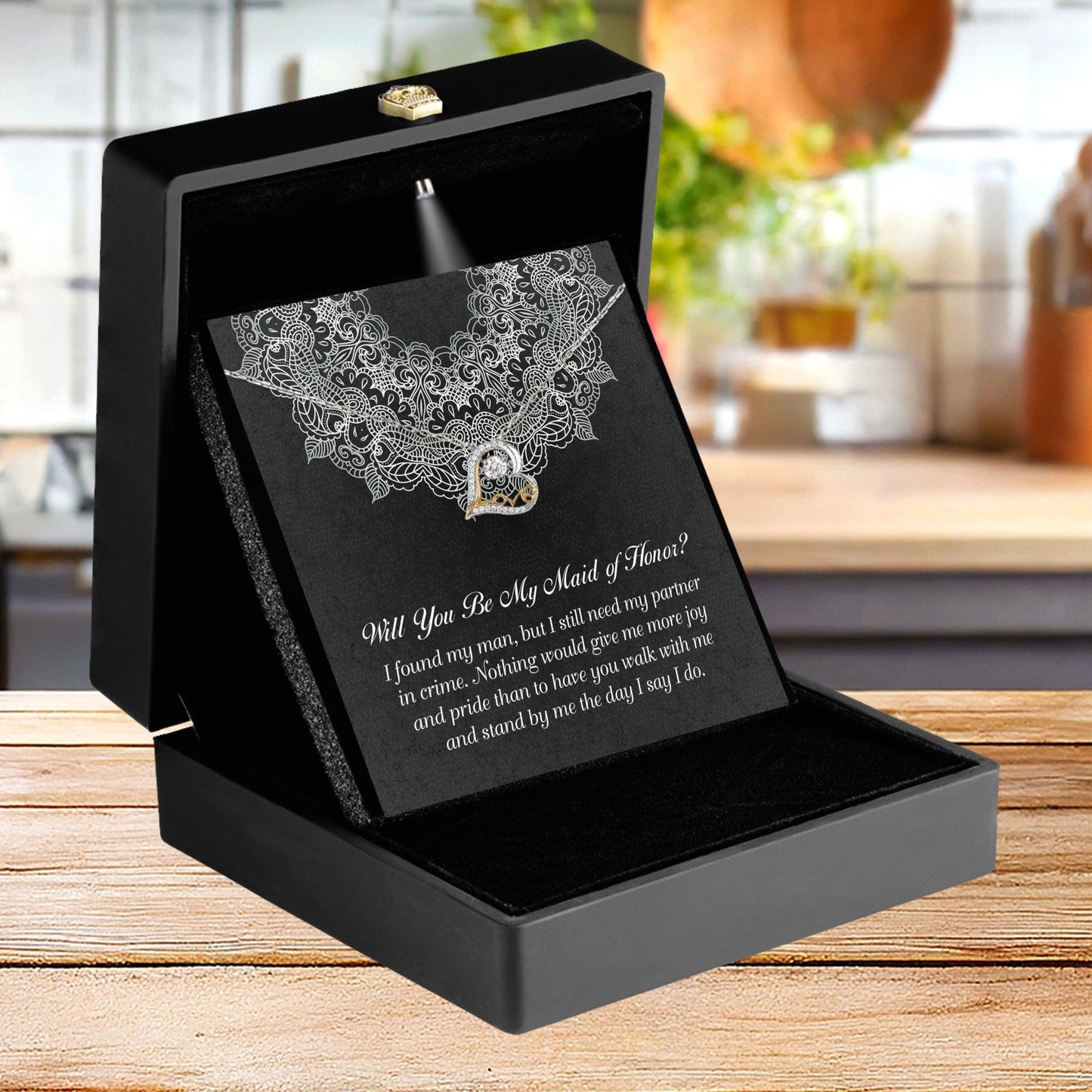 Maid of Honor Wedding Proposal Gift - Partner In Crime - Love Dancing Heart Pendant Necklace - Mallard Moon Gift Shop