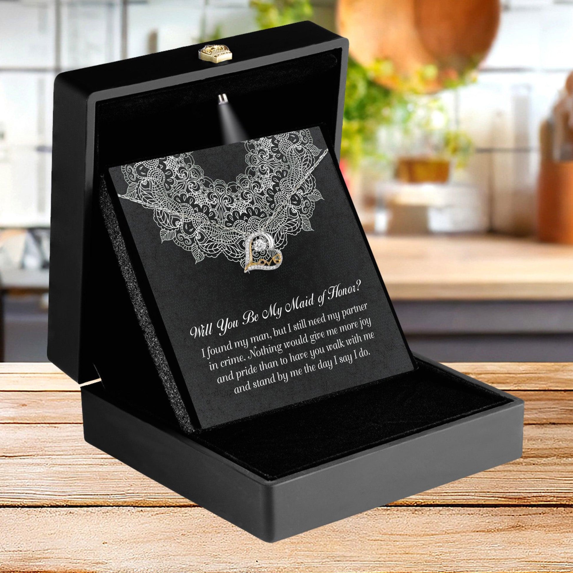 Maid of Honor Wedding Proposal Gift - Partner In Crime - Love Dancing Heart Pendant Necklace - Mallard Moon Gift Shop