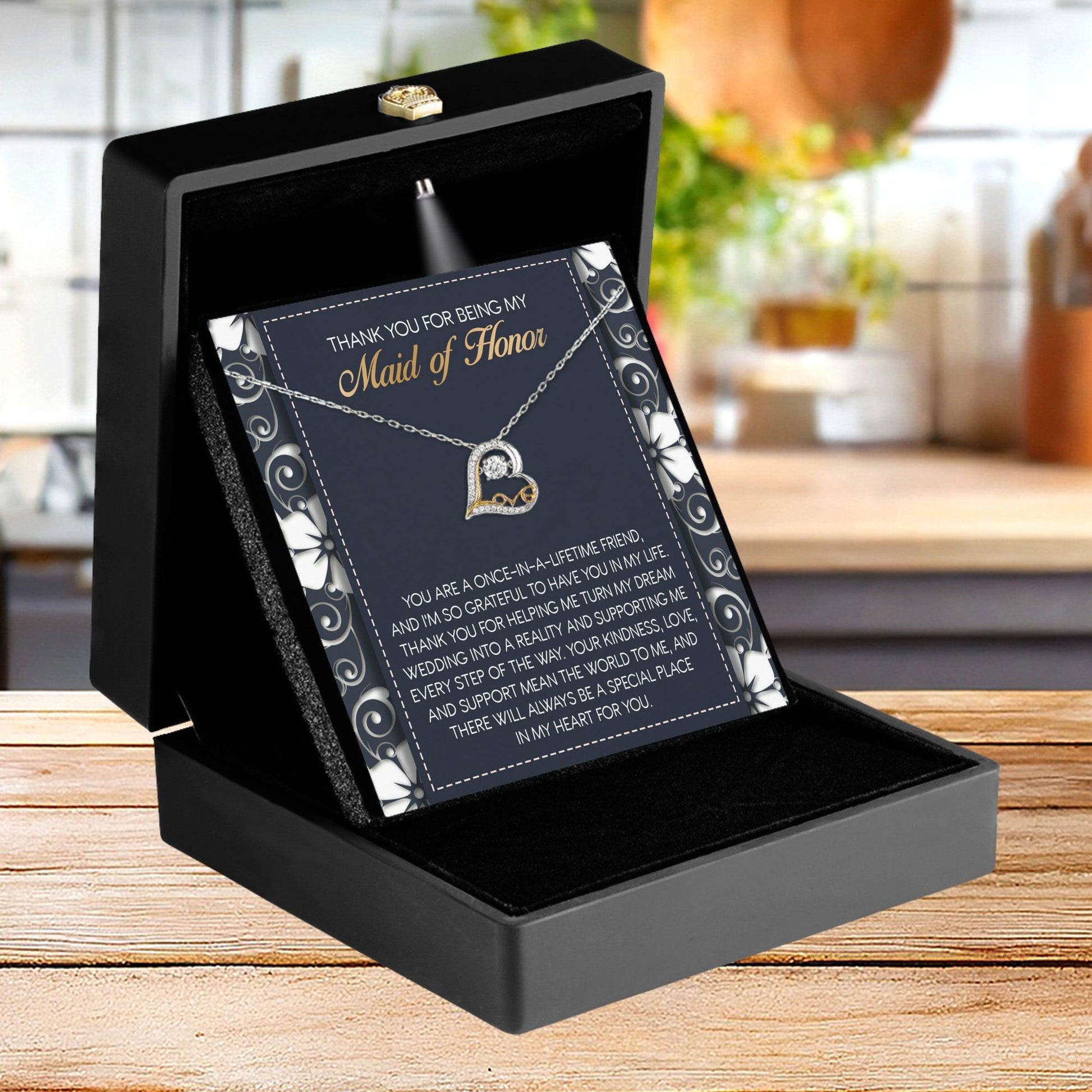 Maid of Honor Wedding Day Gift - You Mean the World To Me, Thanks - Love Dancing Heart Pendant Necklace - Mallard Moon Gift Shop