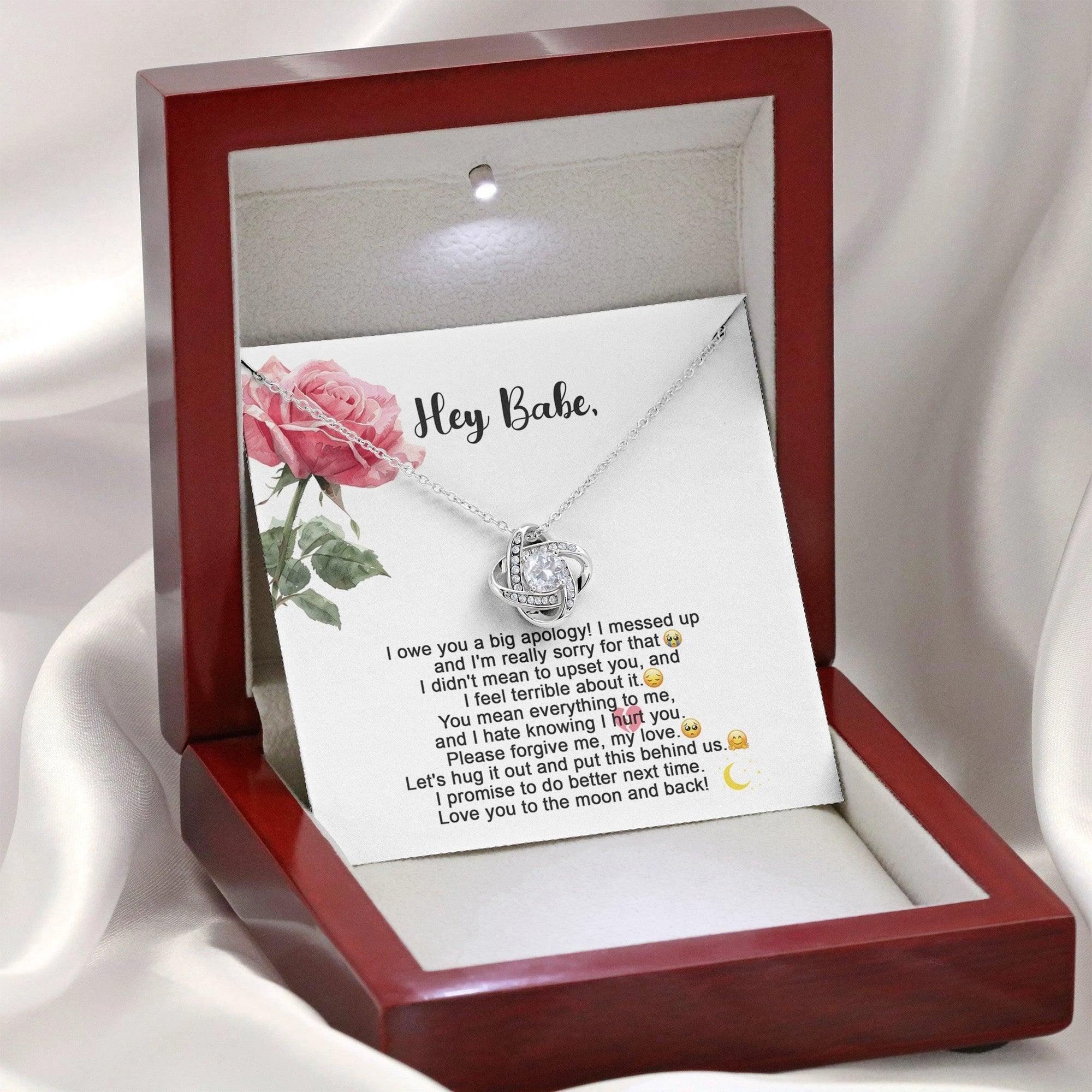 Hey Babe – I’m Sorry Love Knot Necklace | Heartfelt Apology Gift for Partner with Message Card