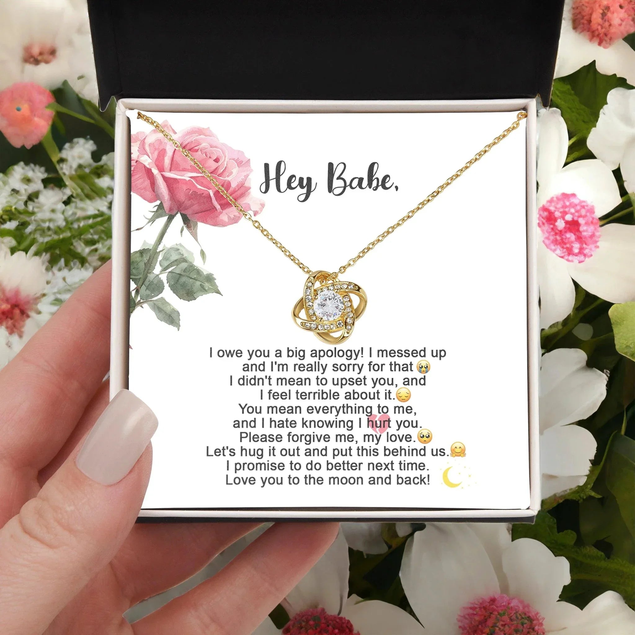 Hey Babe – I’m Sorry Love Knot Necklace | Heartfelt Apology Gift for Partner with Message Card