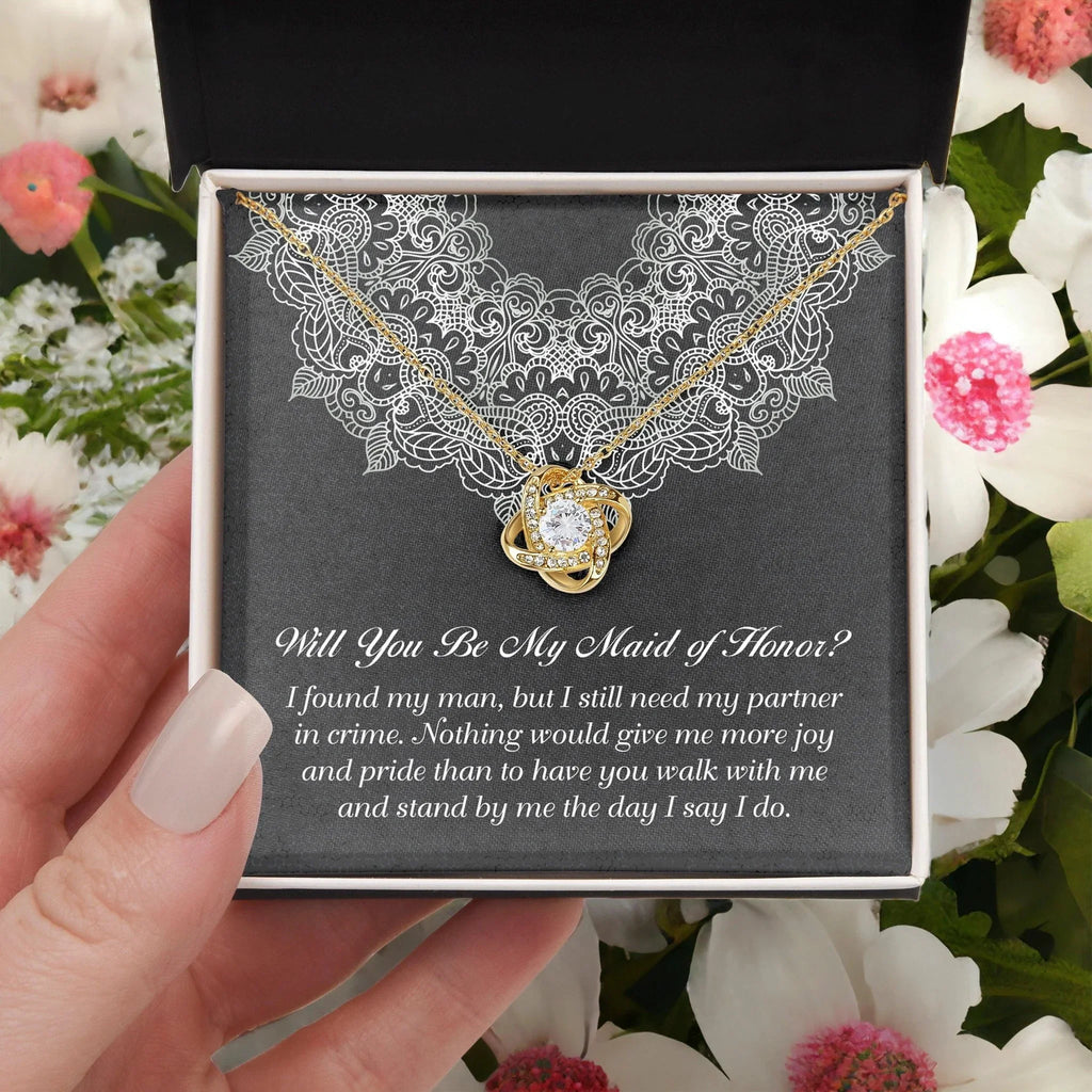 Maid of Honor Wedding Proposal Gift - Partner In Crime - Love Knot Pendant Necklace