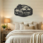 Personalized Deer Cabin Metal Wall Art – Rustic Family Name Sign – Hunting Lodge Decor – Custom Mountain Scene Steel Sign – Cabin Wall Decor Gift